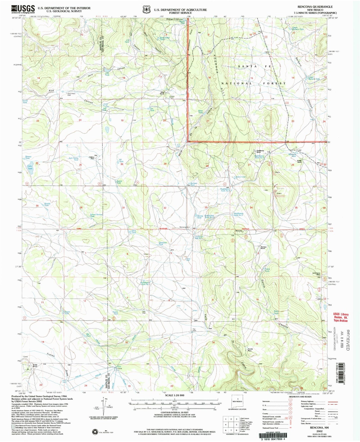 Classic USGS Rencona New Mexico 7.5'x7.5' Topo Map Image
