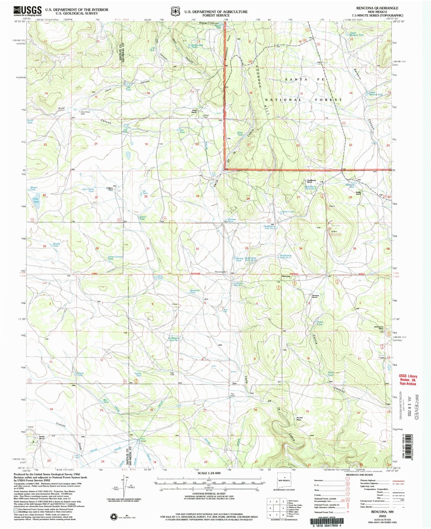 Classic USGS Rencona New Mexico 7.5'x7.5' Topo Map Image