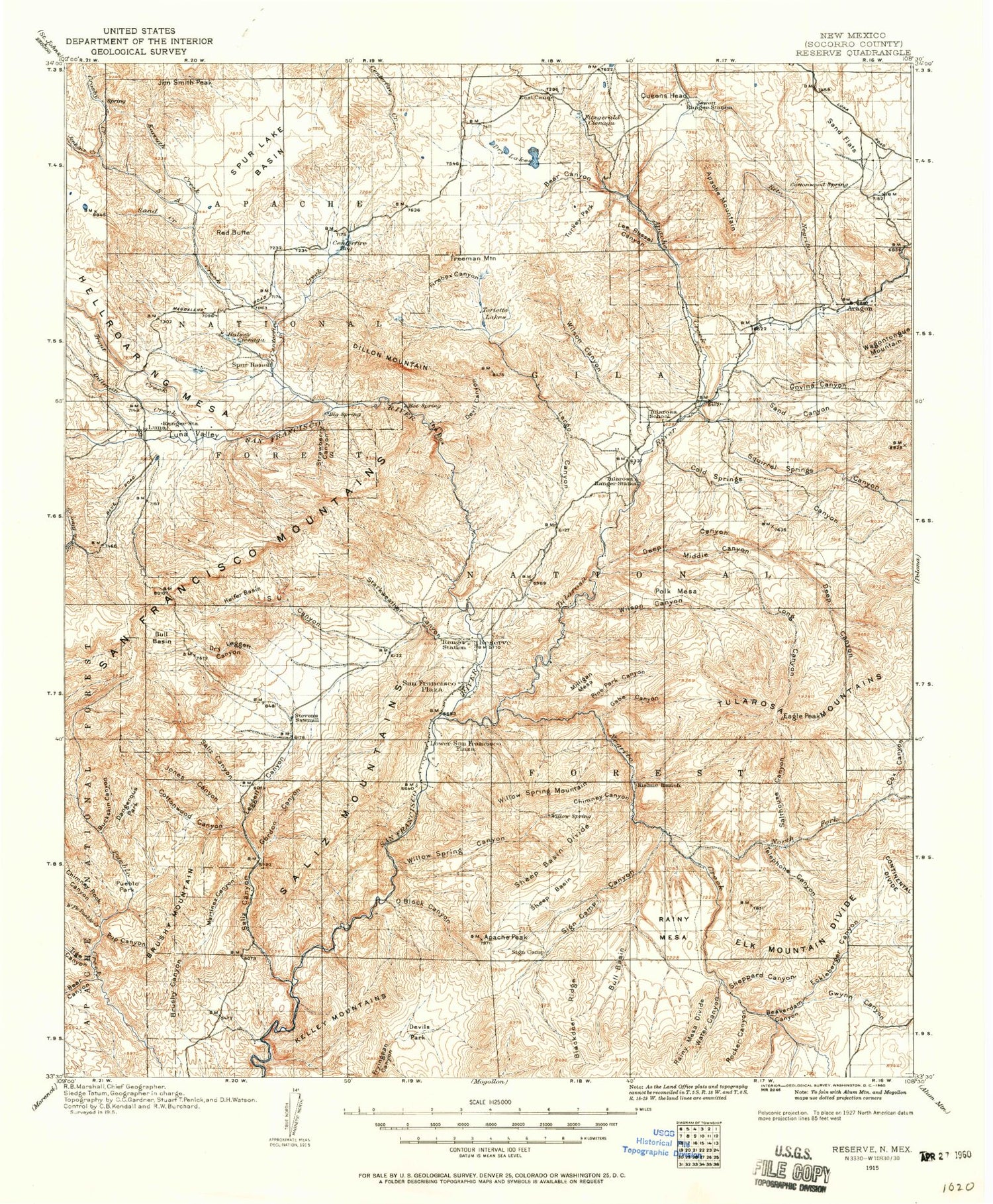 Historic 1915 Reserve New Mexico 30'x30' Topo Map Image