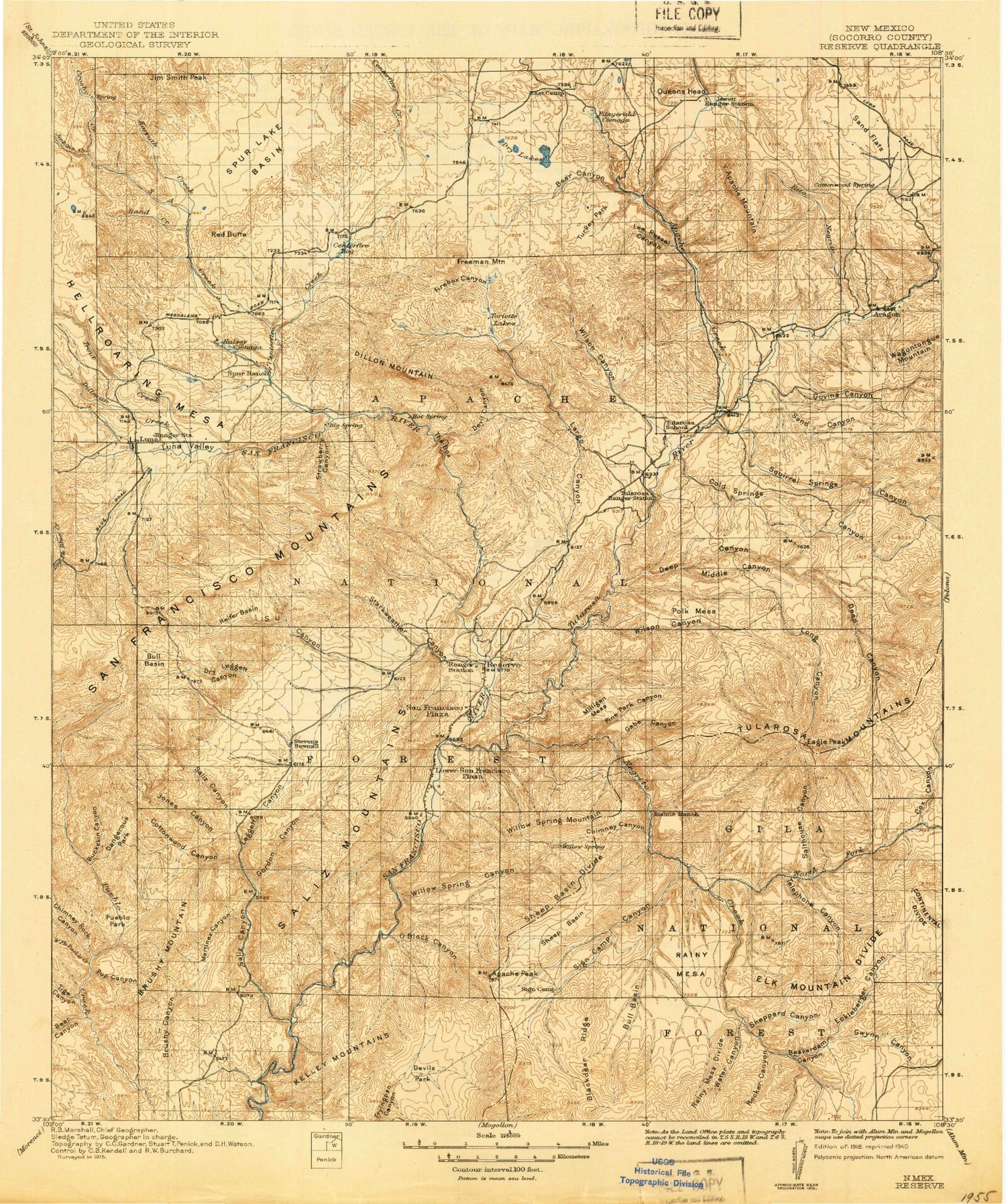 Historic 1918 Reserve New Mexico 30'x30' Topo Map Image