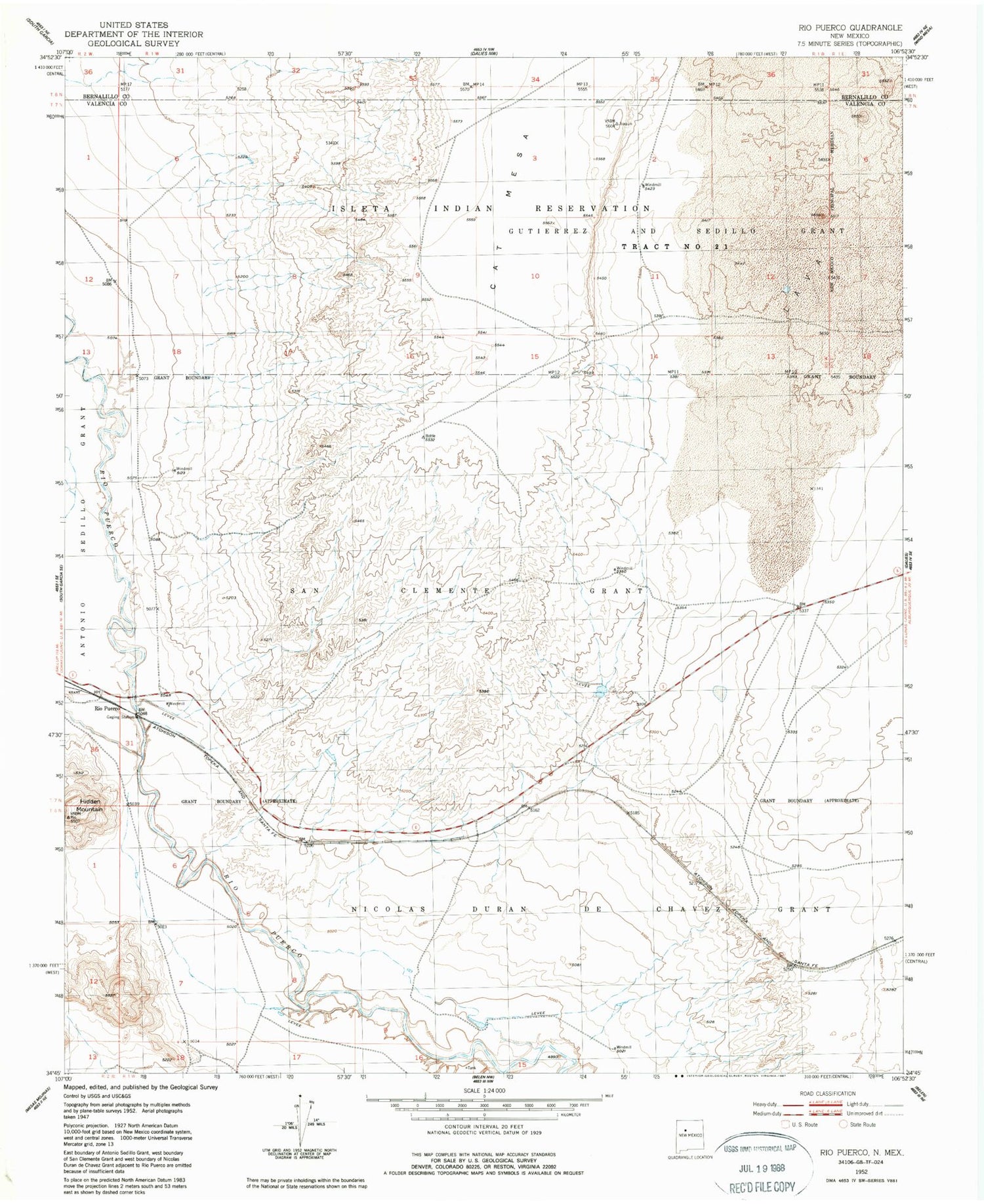 Classic USGS Rio Puerco New Mexico 7.5'x7.5' Topo Map Image
