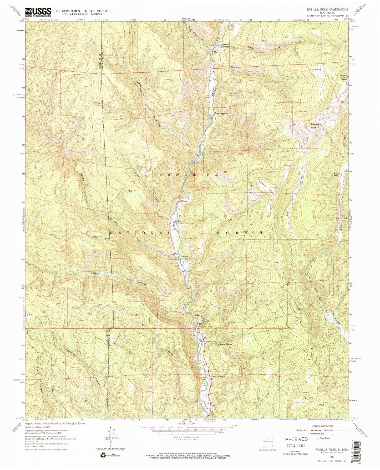Classic USGS Rosilla Peak New Mexico 7.5'x7.5' Topo Map Image