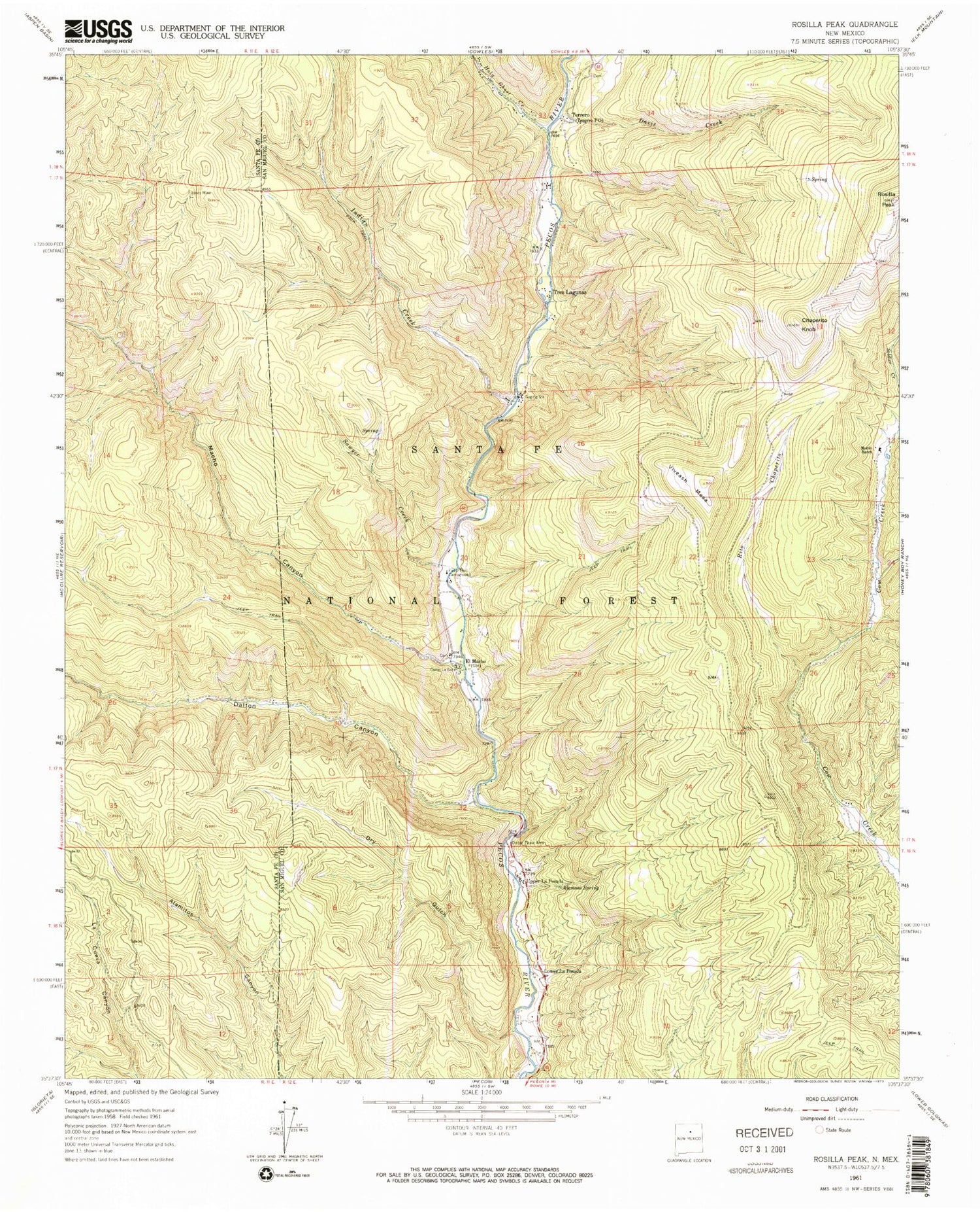 Classic USGS Rosilla Peak New Mexico 7.5'x7.5' Topo Map Image