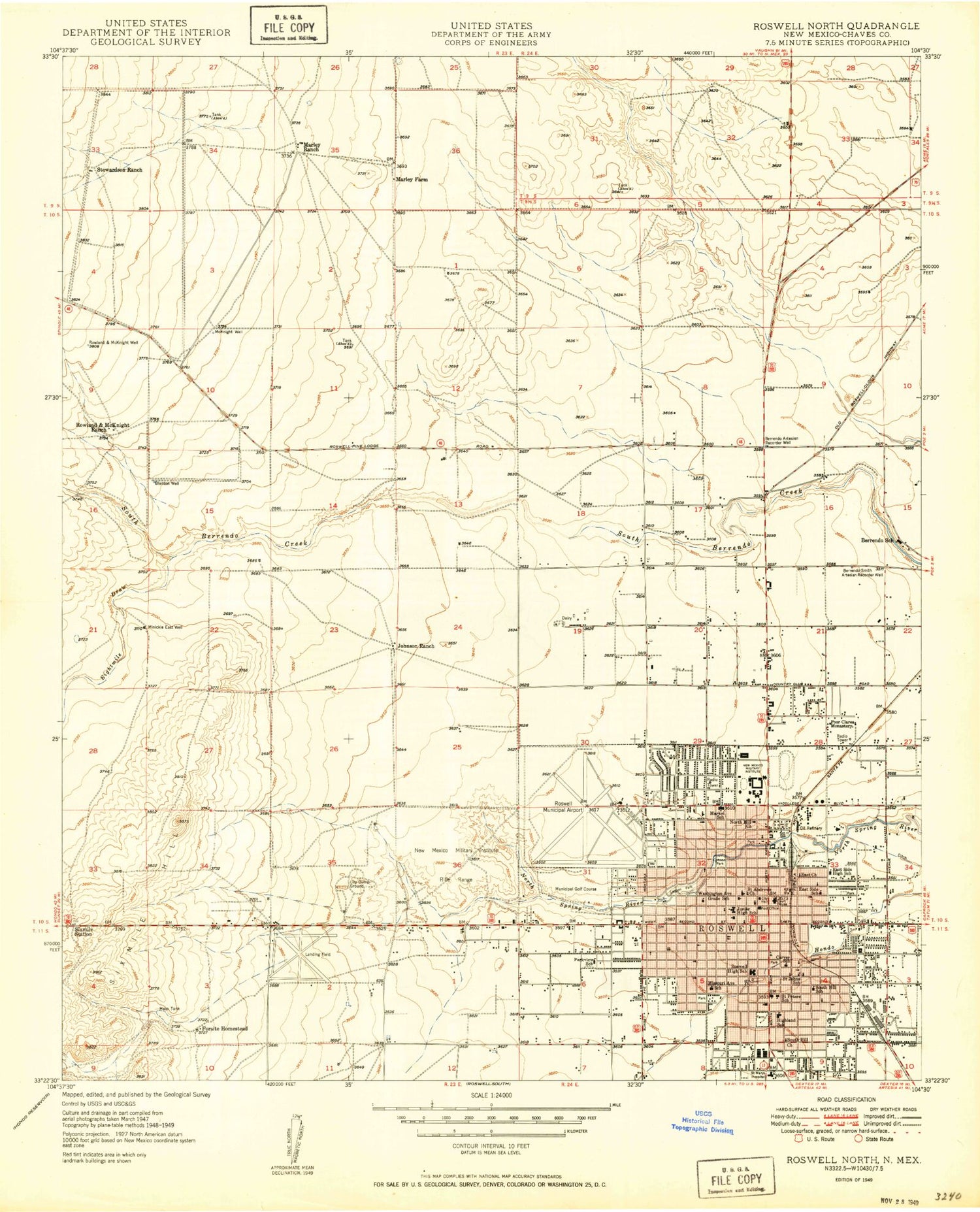 Classic USGS Roswell North New Mexico 7.5'x7.5' Topo Map Image
