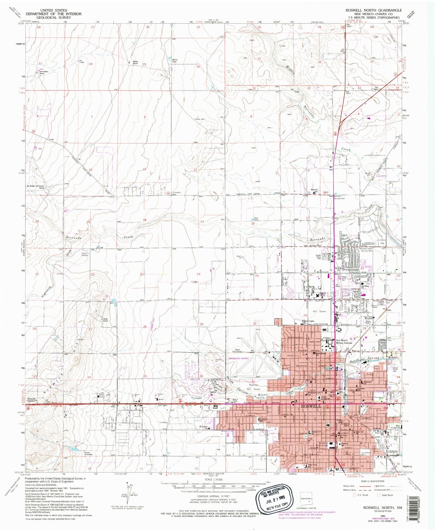 Classic USGS Roswell North New Mexico 7.5'x7.5' Topo Map Image
