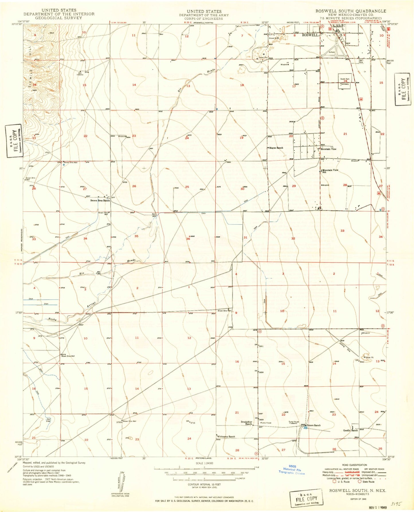 Classic USGS Roswell South New Mexico 7.5'x7.5' Topo Map Image