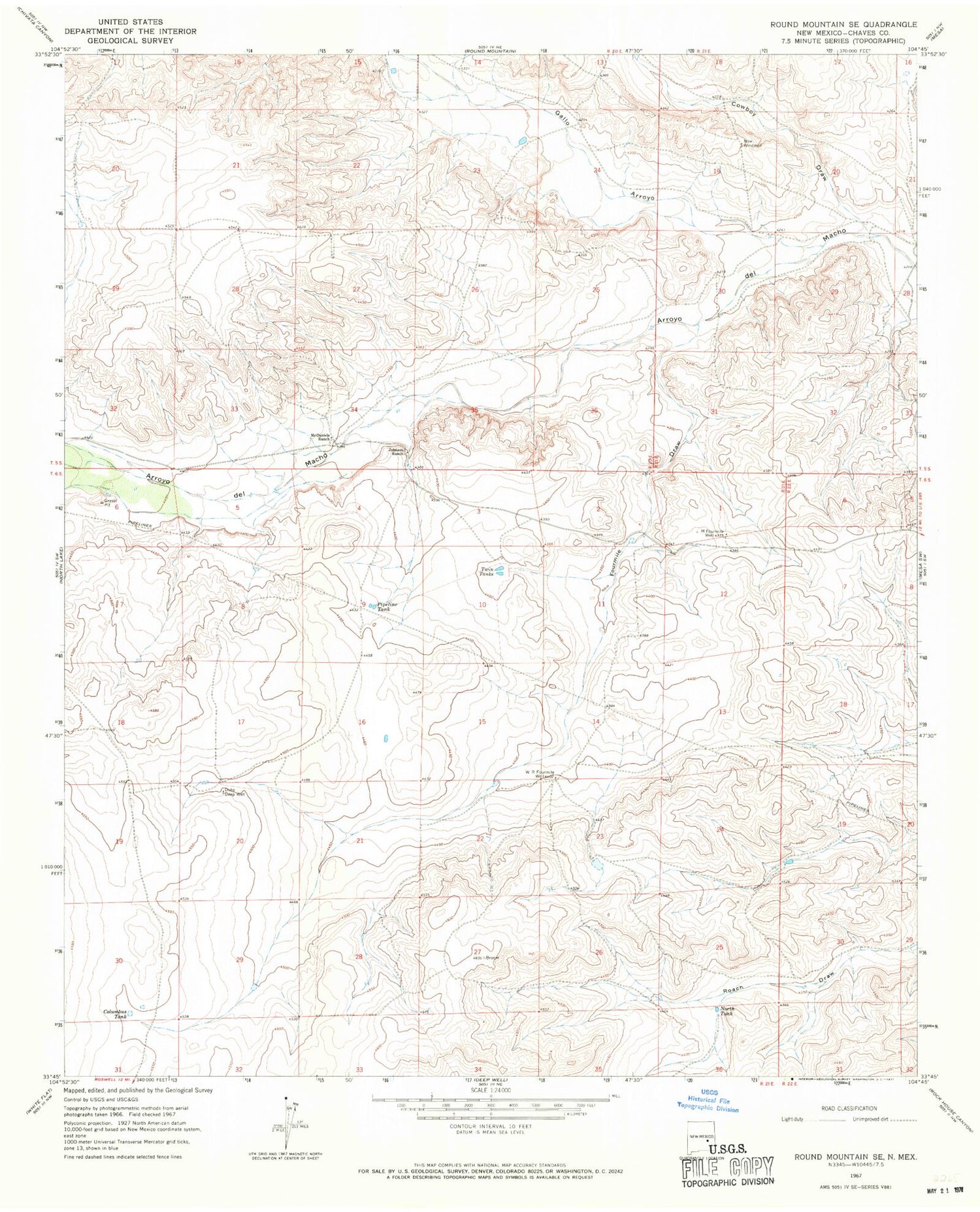Classic USGS Round Mountain SE New Mexico 7.5'x7.5' Topo Map Image