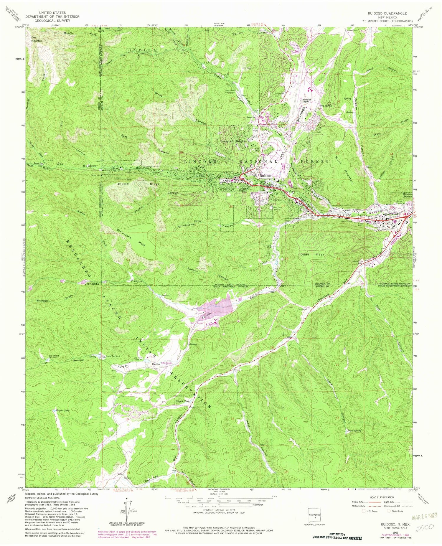 Classic USGS Ruidoso New Mexico 7.5'x7.5' Topo Map Image