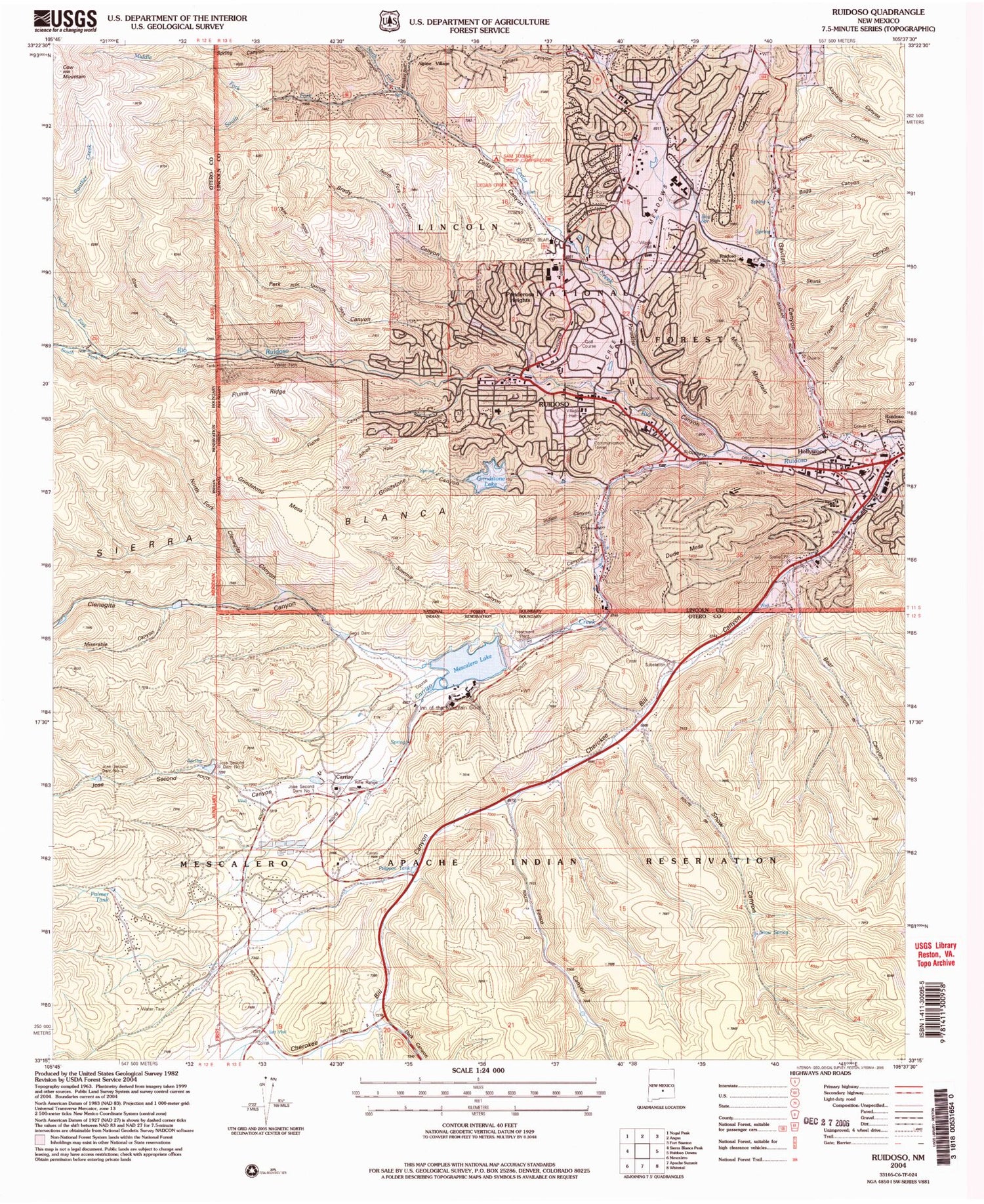 Classic USGS Ruidoso New Mexico 7.5'x7.5' Topo Map Image