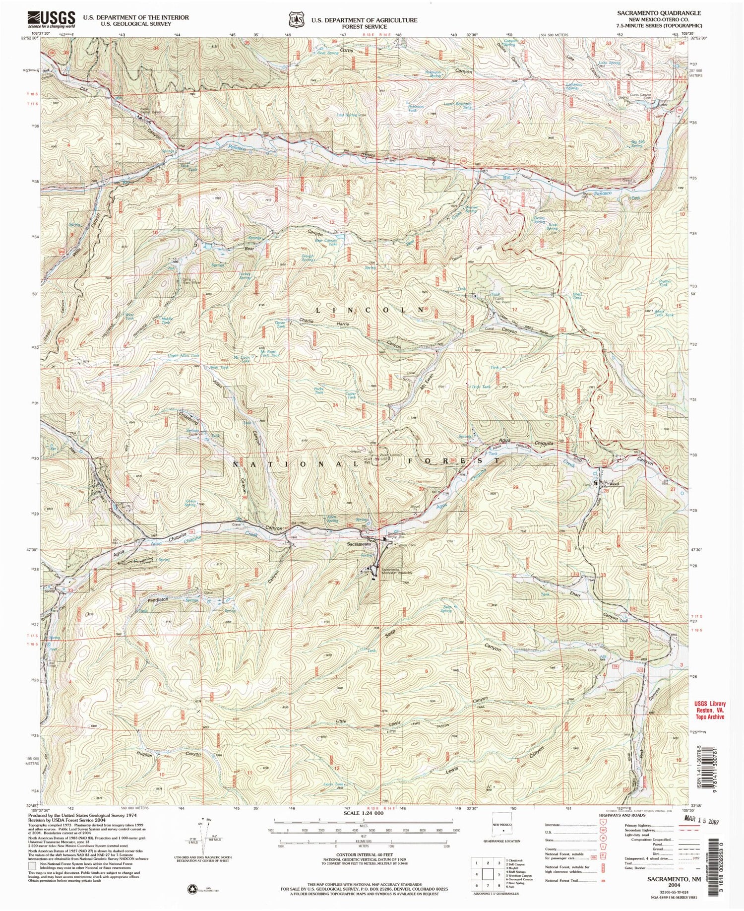 Classic USGS Sacramento New Mexico 7.5'x7.5' Topo Map Image