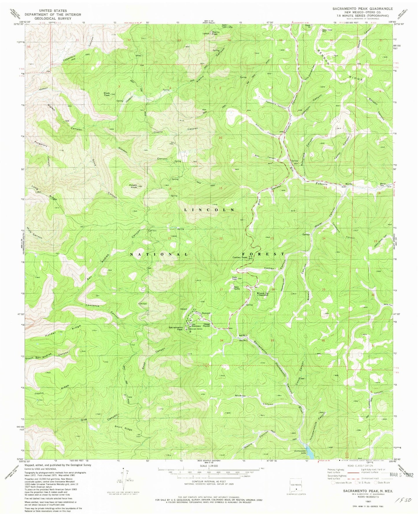 Classic USGS Sacramento Peak New Mexico 7.5'x7.5' Topo Map Image