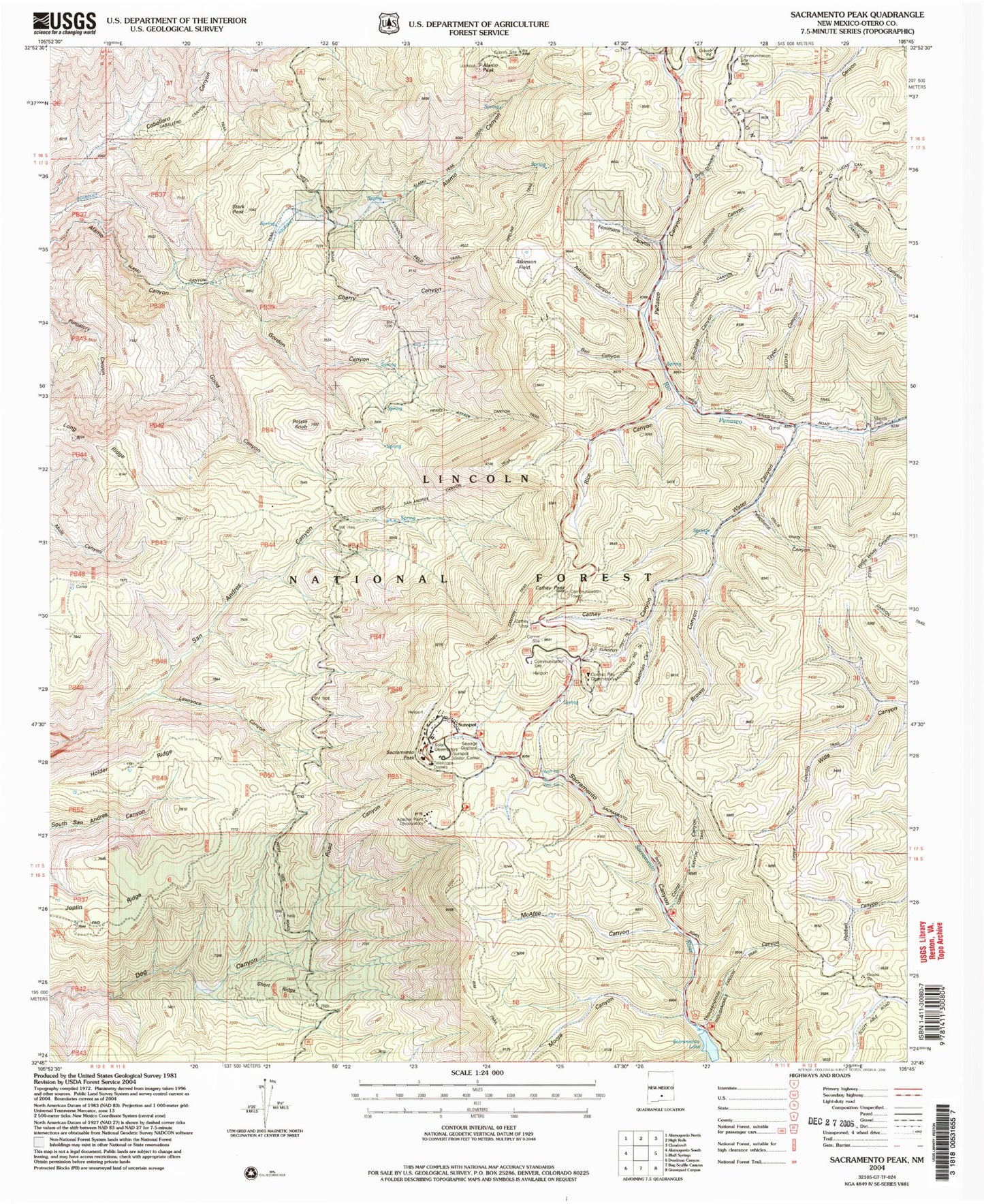 Classic USGS Sacramento Peak New Mexico 7.5'x7.5' Topo Map Image