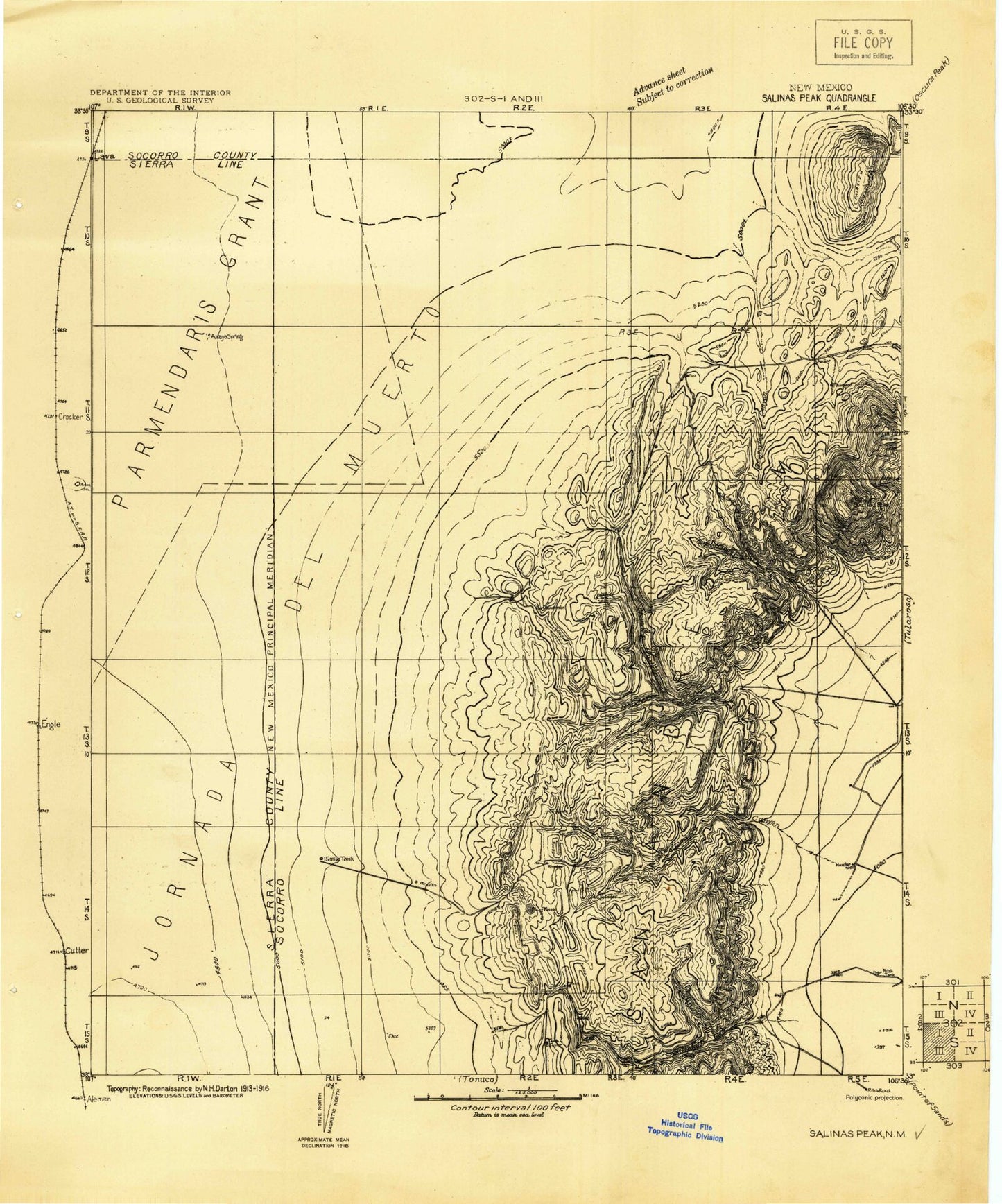Historic 1916 Salinas Peak New Mexico 30'x30' Topo Map Image