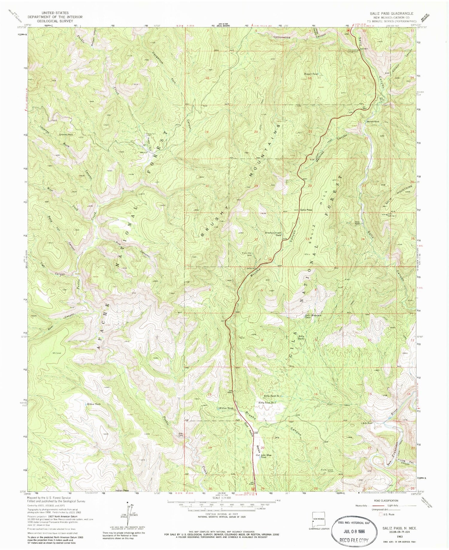 Classic USGS Saliz Pass New Mexico 7.5'x7.5' Topo Map Image