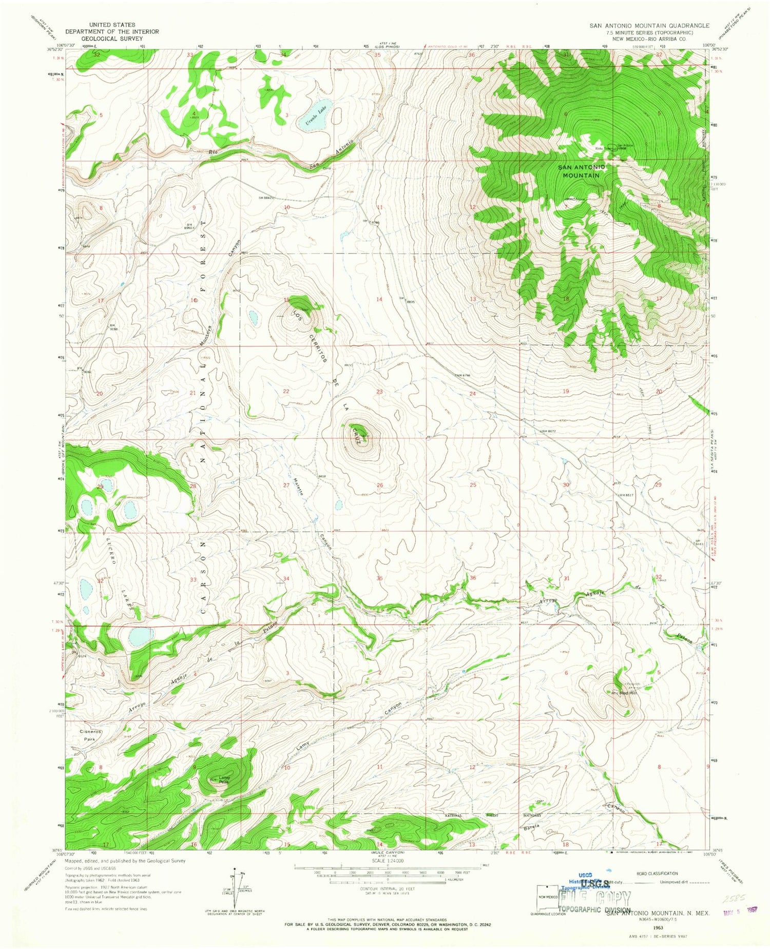 Classic USGS San Antonio Mountain New Mexico 7.5'x7.5' Topo Map Image