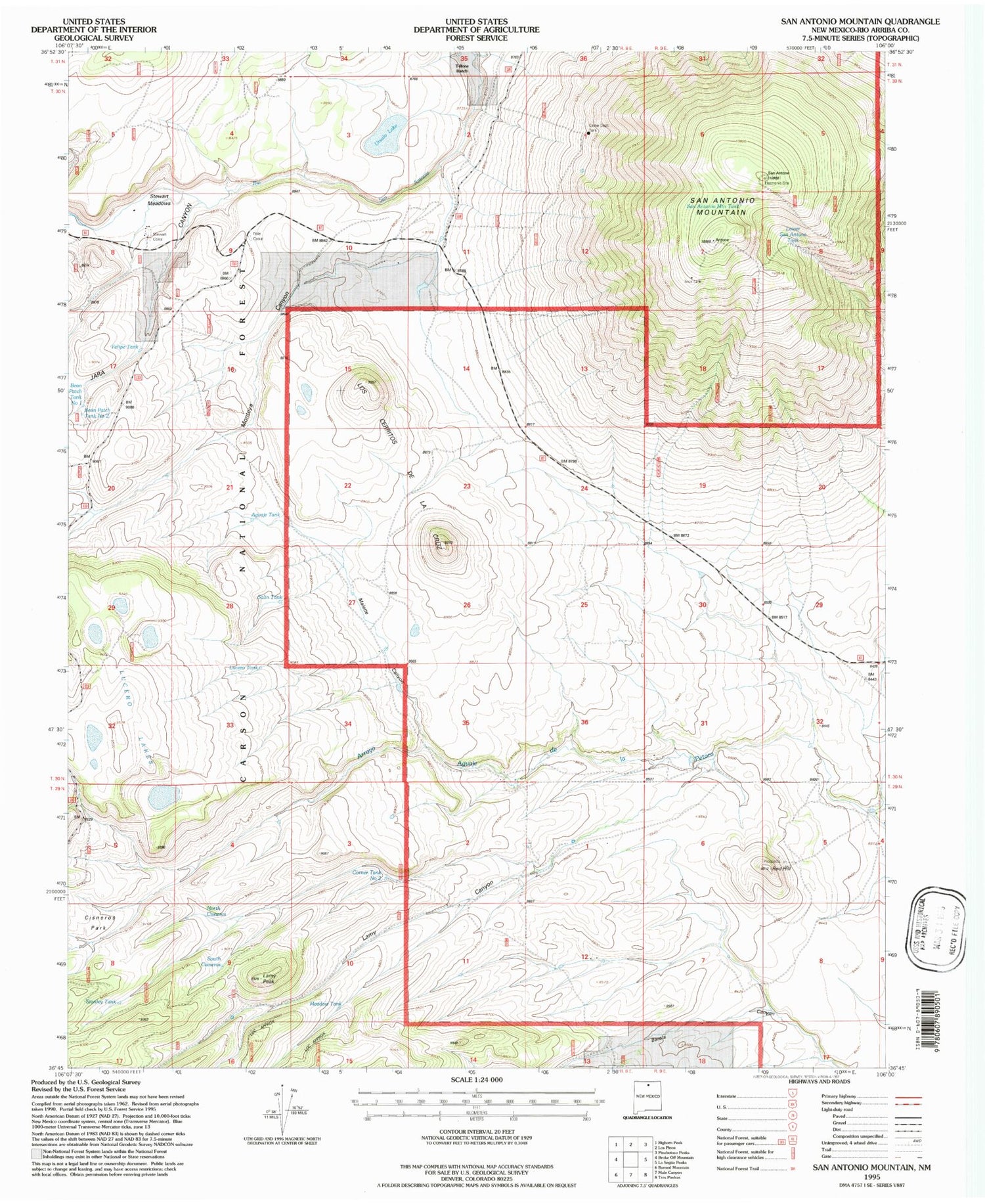 Classic USGS San Antonio Mountain New Mexico 7.5'x7.5' Topo Map Image