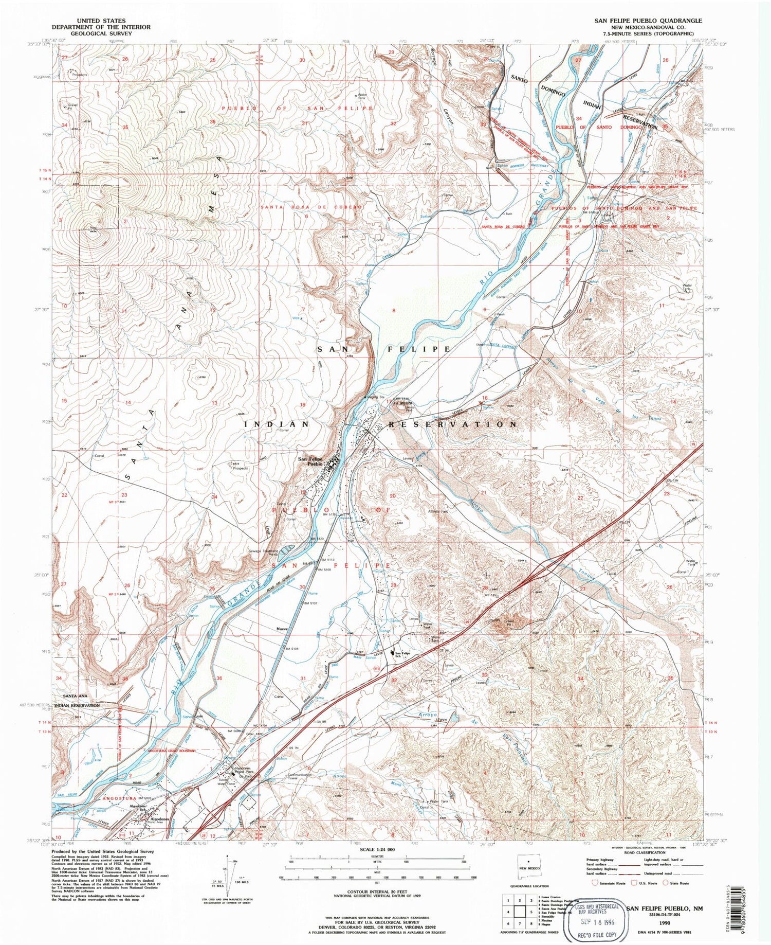 Classic USGS San Felipe Pueblo New Mexico 7.5'x7.5' Topo Map Image