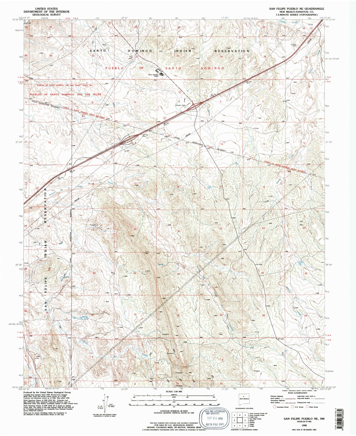 Classic USGS San Felipe Pueblo NE New Mexico 7.5'x7.5' Topo Map Image