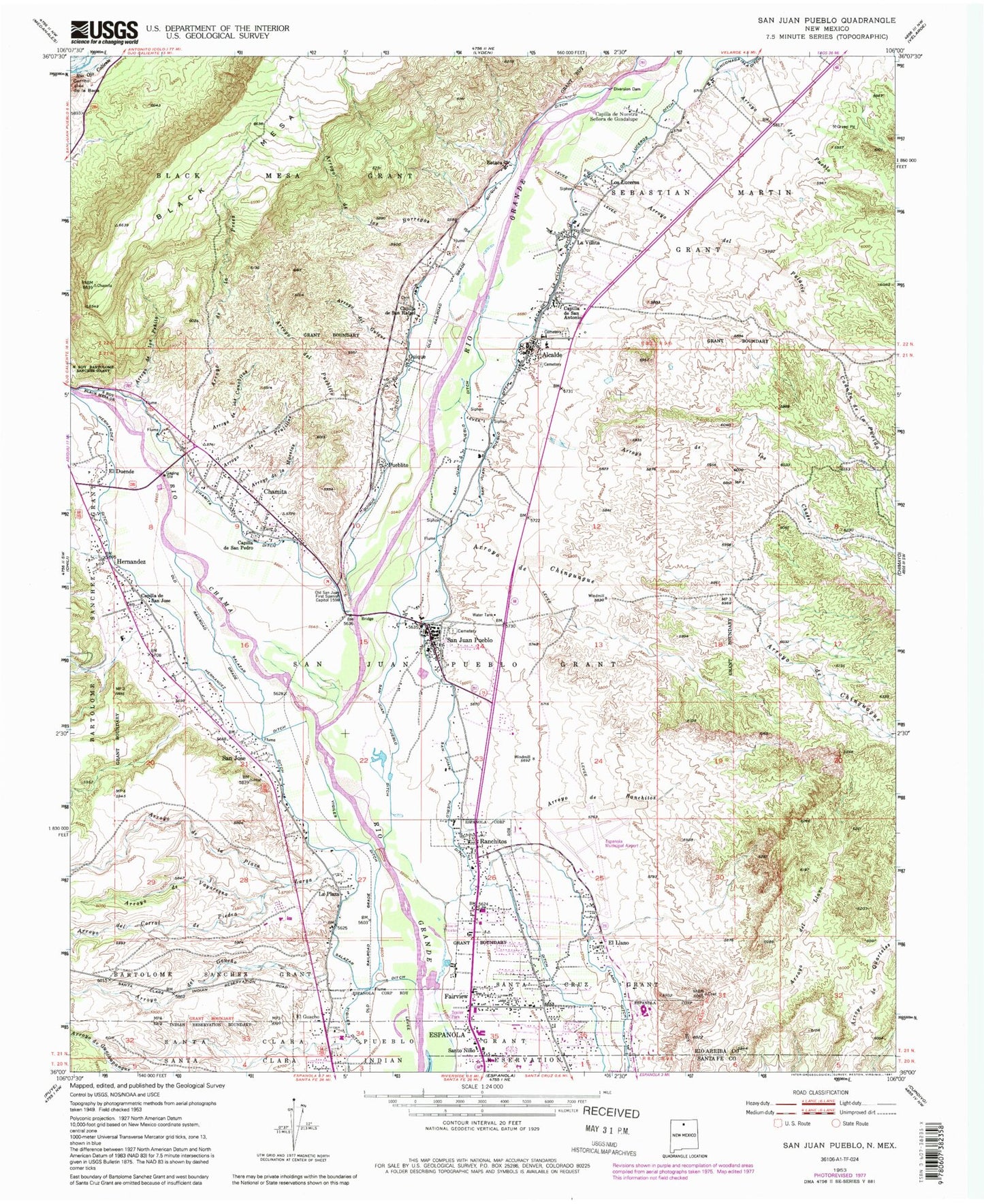 Classic USGS San Juan Pueblo New Mexico 7.5'x7.5' Topo Map Image