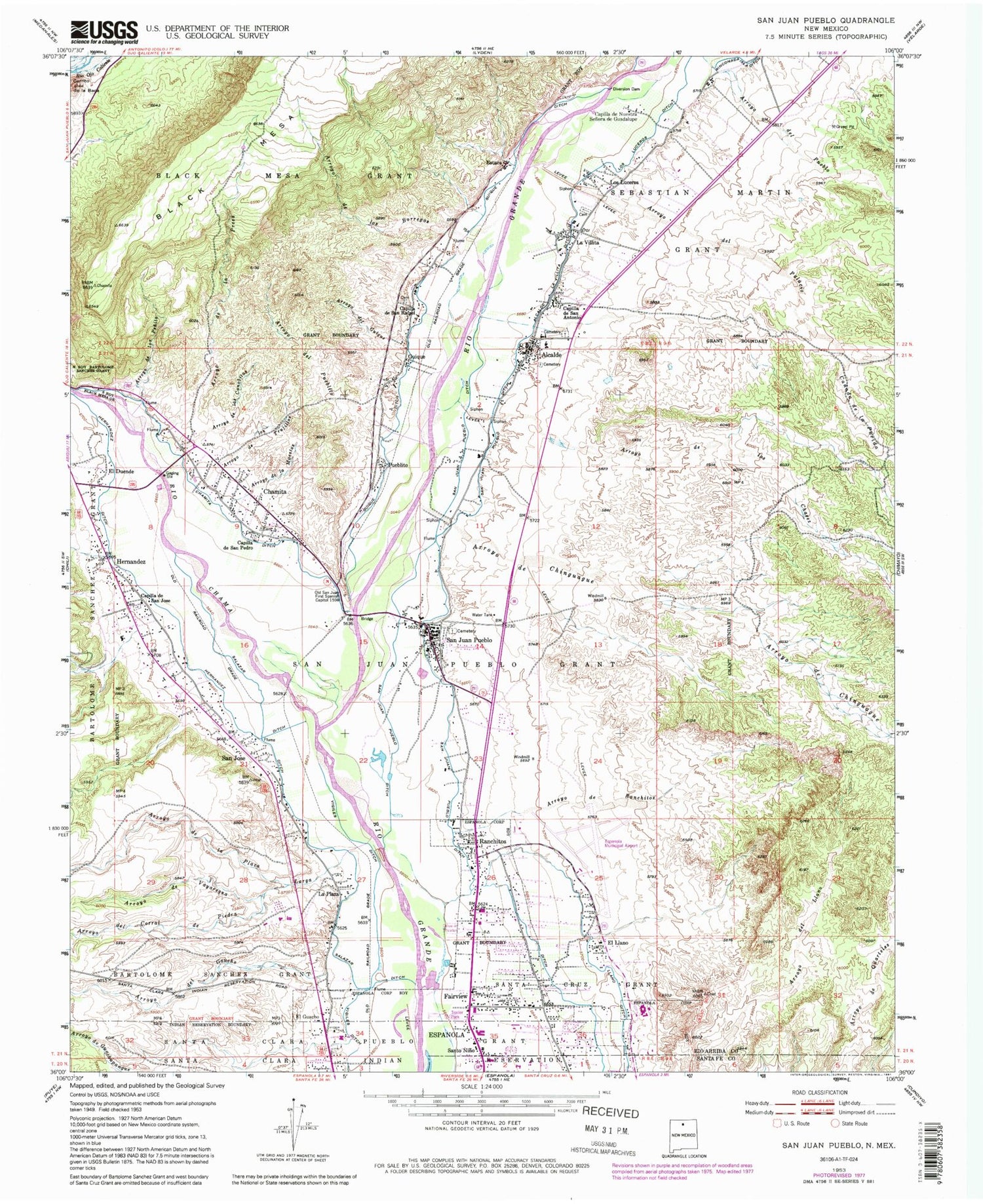 Classic USGS San Juan Pueblo New Mexico 7.5'x7.5' Topo Map Image