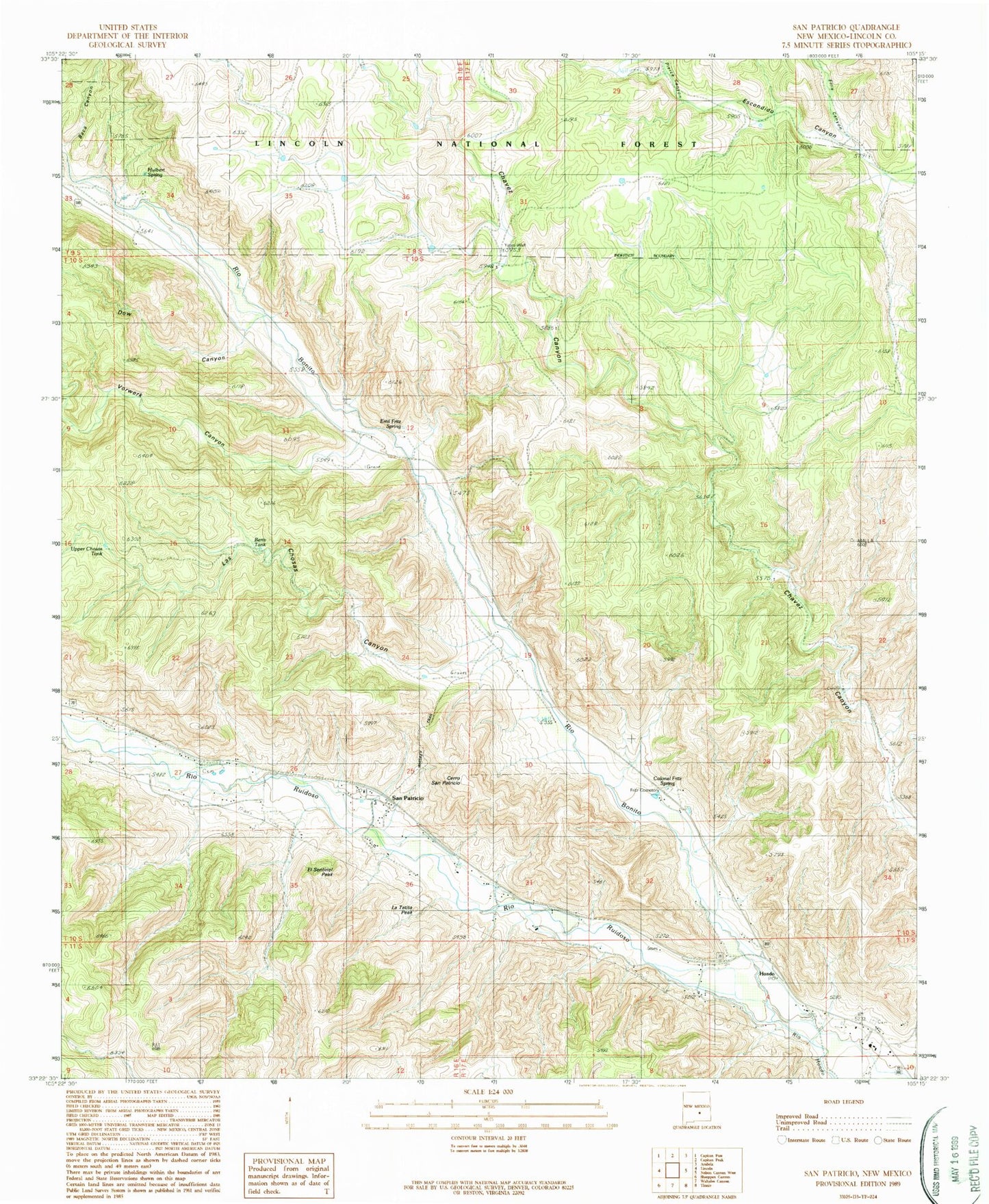 Classic USGS San Patricio New Mexico 7.5'x7.5' Topo Map Image