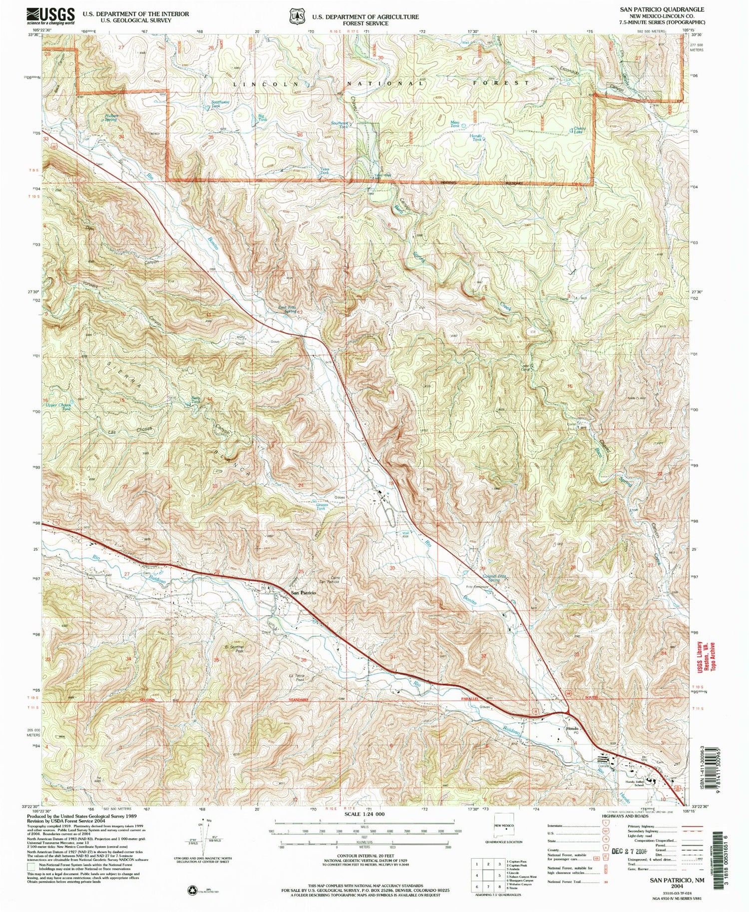 Classic USGS San Patricio New Mexico 7.5'x7.5' Topo Map Image