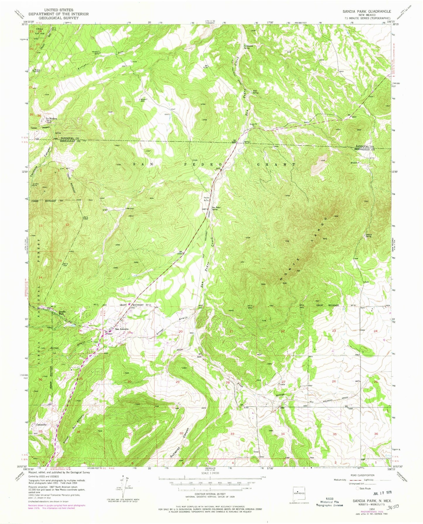 Classic USGS Sandia Park New Mexico 7.5'x7.5' Topo Map Image