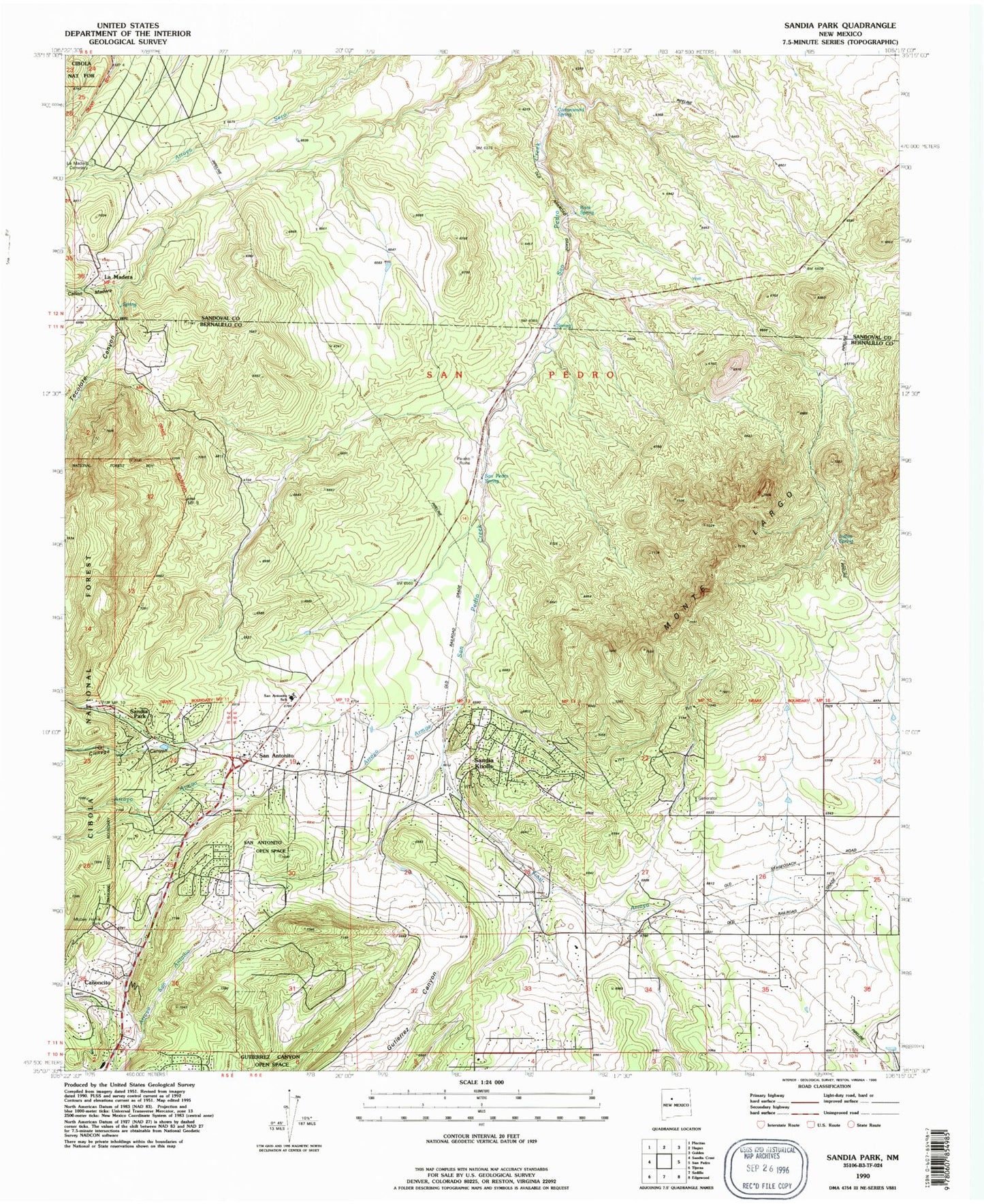 Classic USGS Sandia Park New Mexico 7.5'x7.5' Topo Map Image