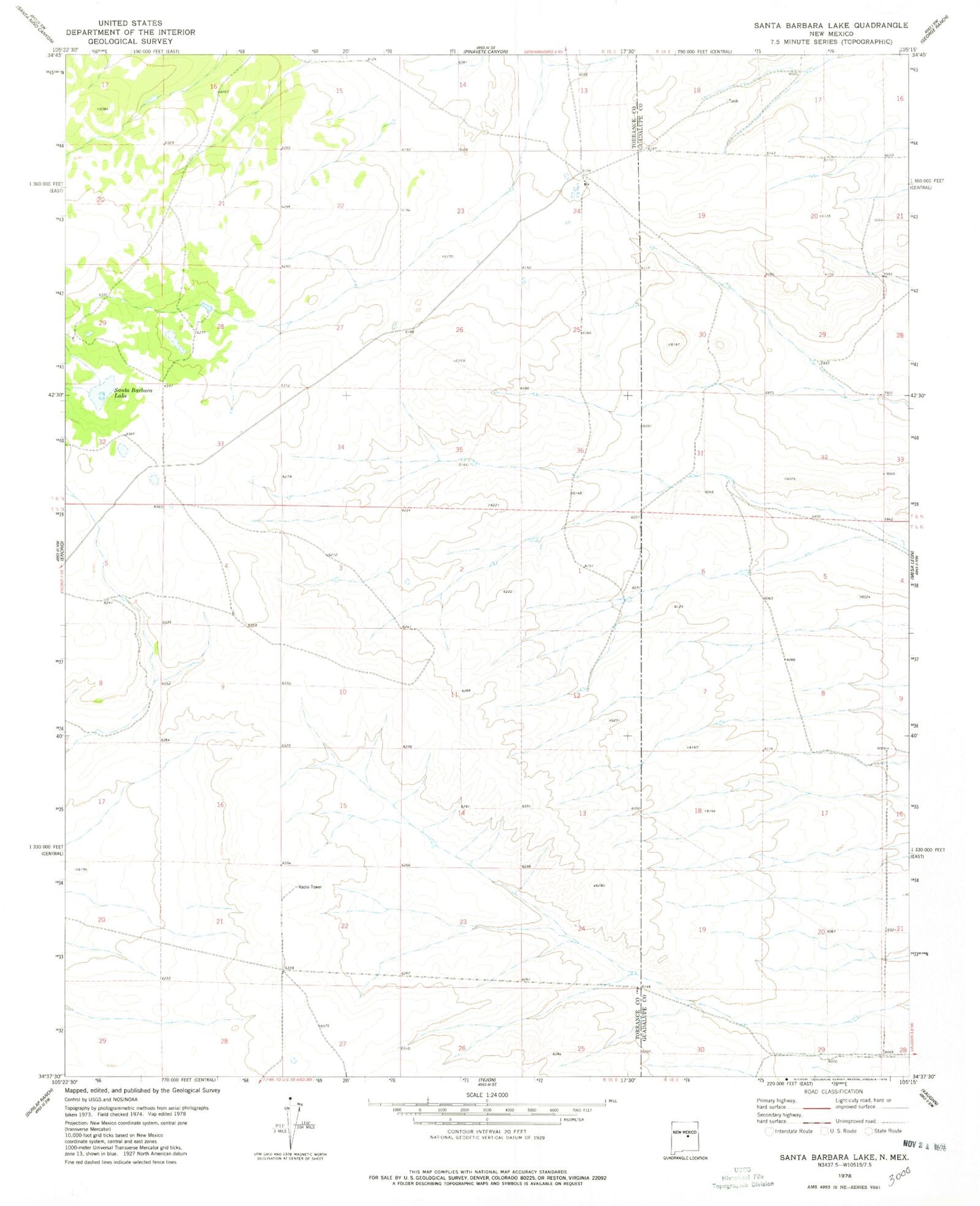 Classic USGS Santa Barbara Lake New Mexico 7.5'x7.5' Topo Map Image