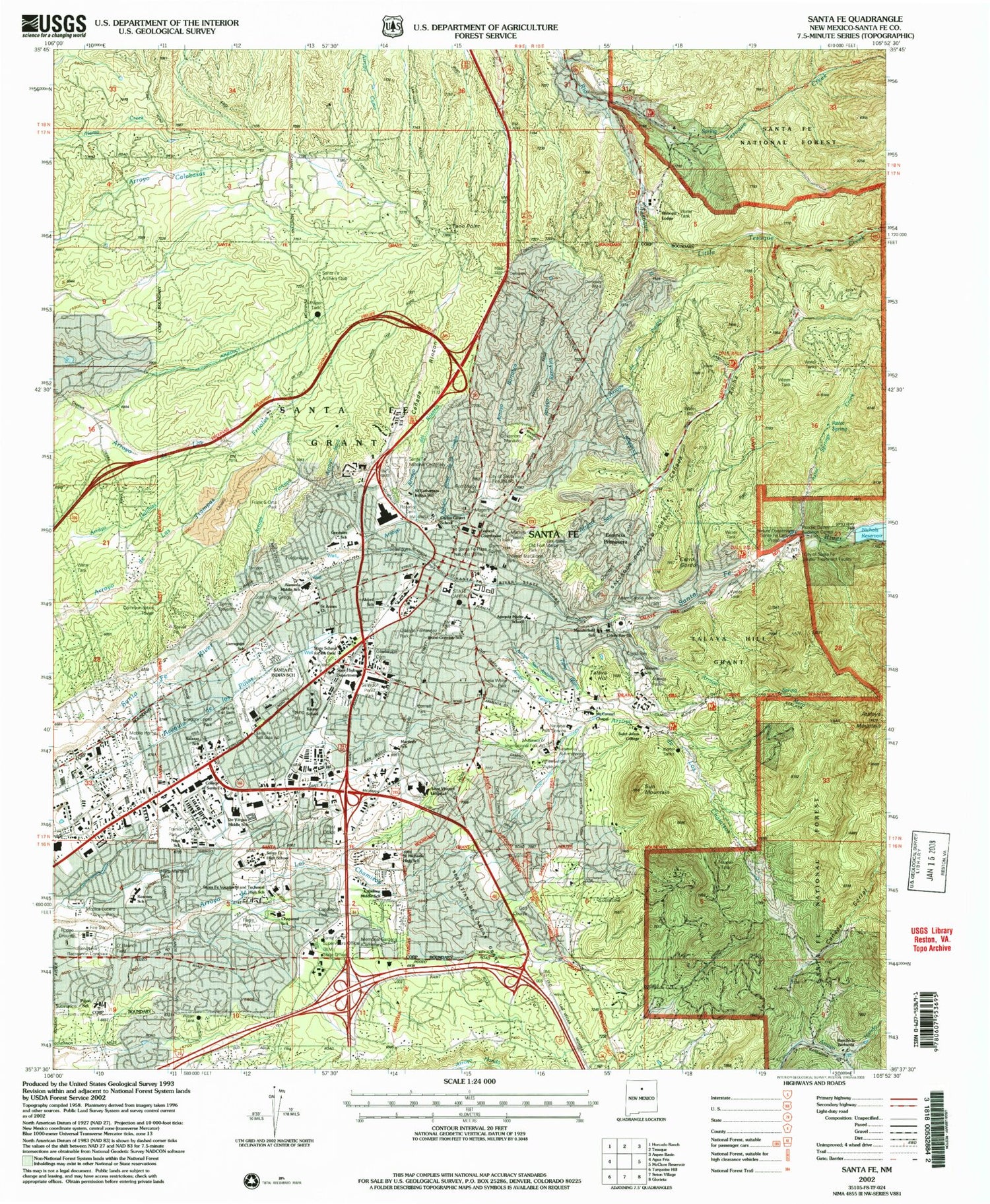 Classic USGS Santa Fe New Mexico 7.5'x7.5' Topo Map Image