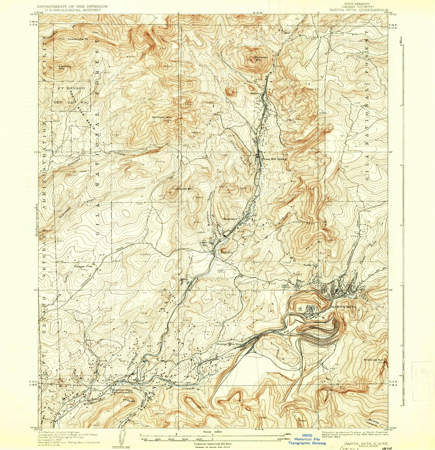 Classic USGS Santa Rita Mine New Mexico 7.5'x7.5' Topo Map Image