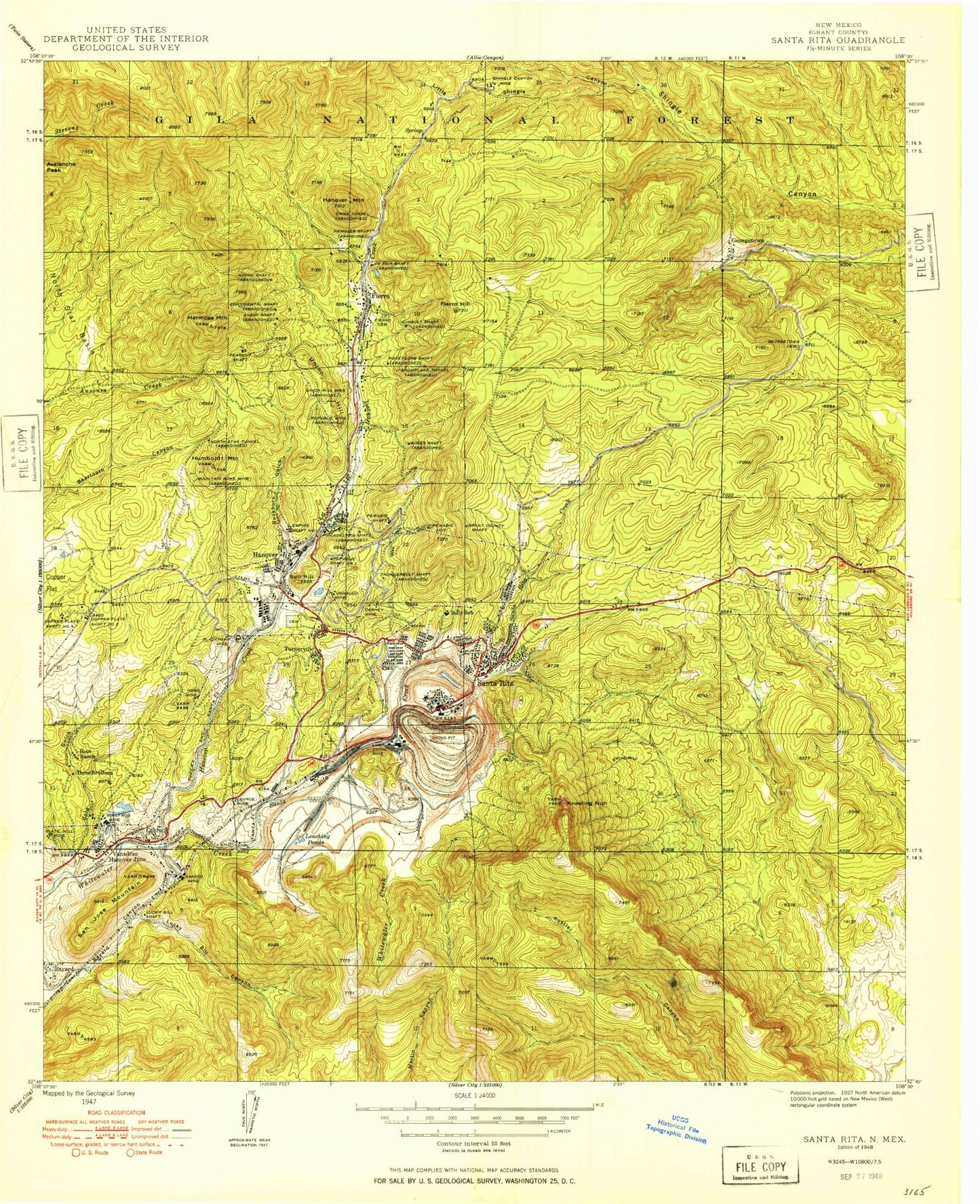 Classic USGS Santa Rita Mine New Mexico 7.5'x7.5' Topo Map Image