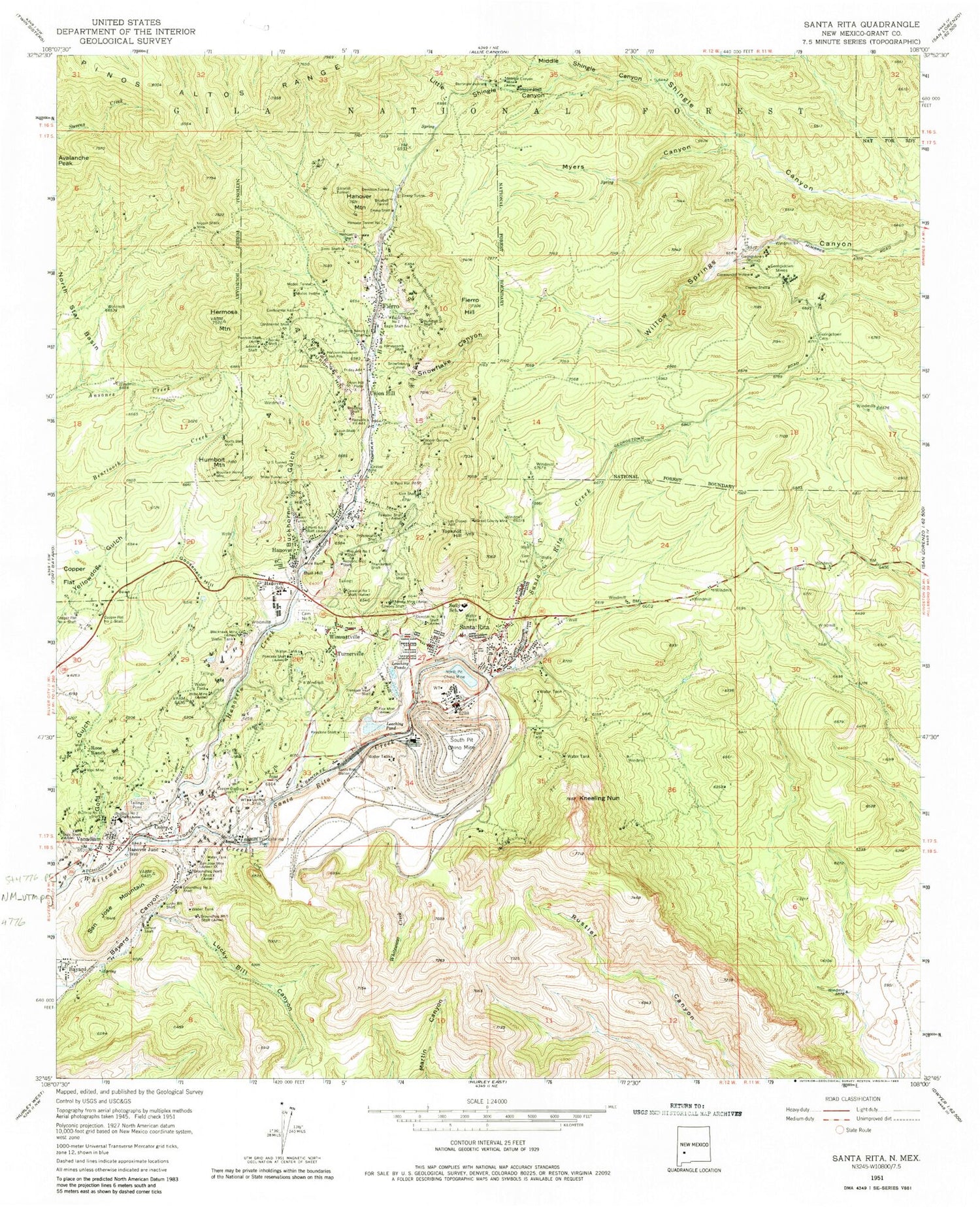 Classic USGS Santa Rita Mine New Mexico 7.5'x7.5' Topo Map Image