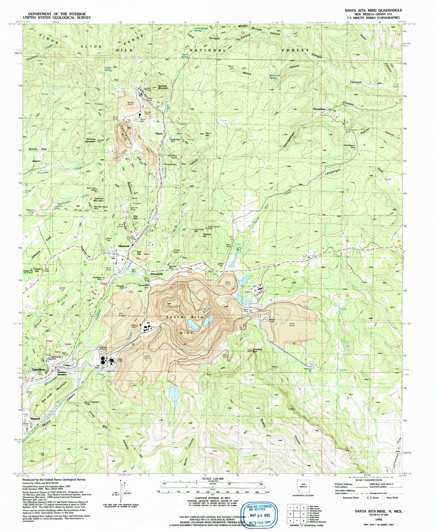 Classic USGS Santa Rita Mine New Mexico 7.5'x7.5' Topo Map Image
