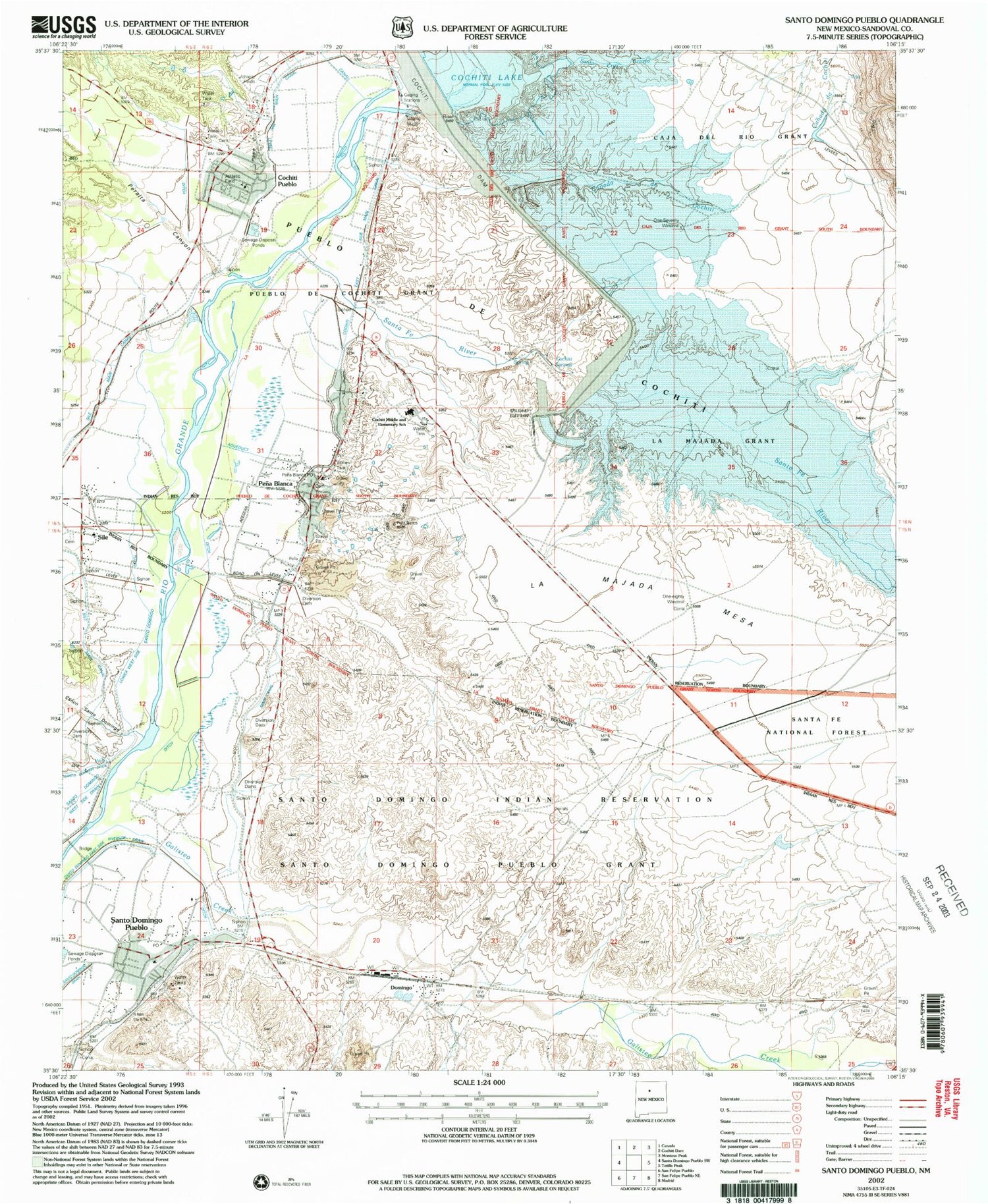 Classic USGS Santo Domingo Pueblo New Mexico 7.5'x7.5' Topo Map Image
