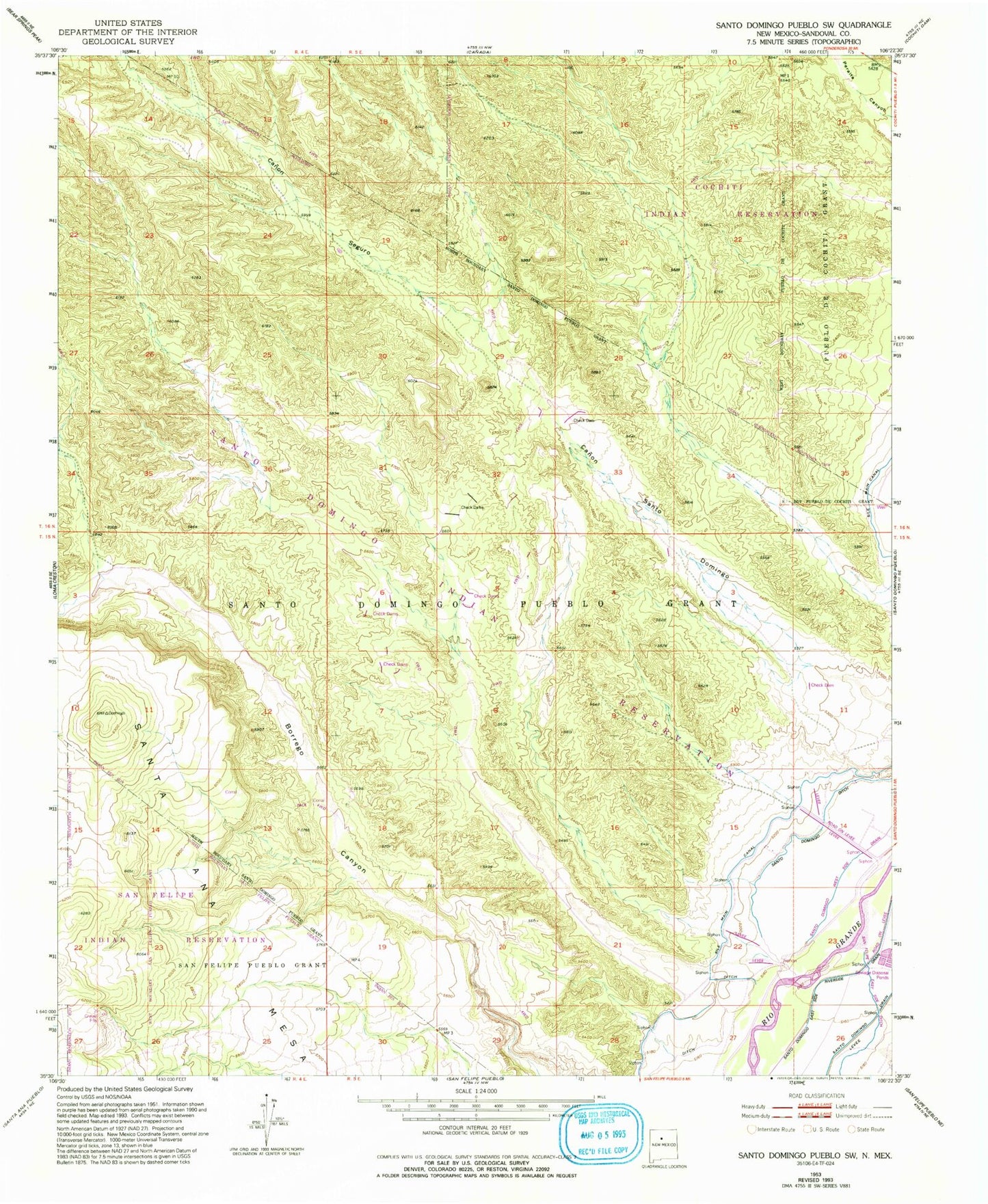 Classic USGS Santo Domingo Pueblo SW New Mexico 7.5'x7.5' Topo Map Image