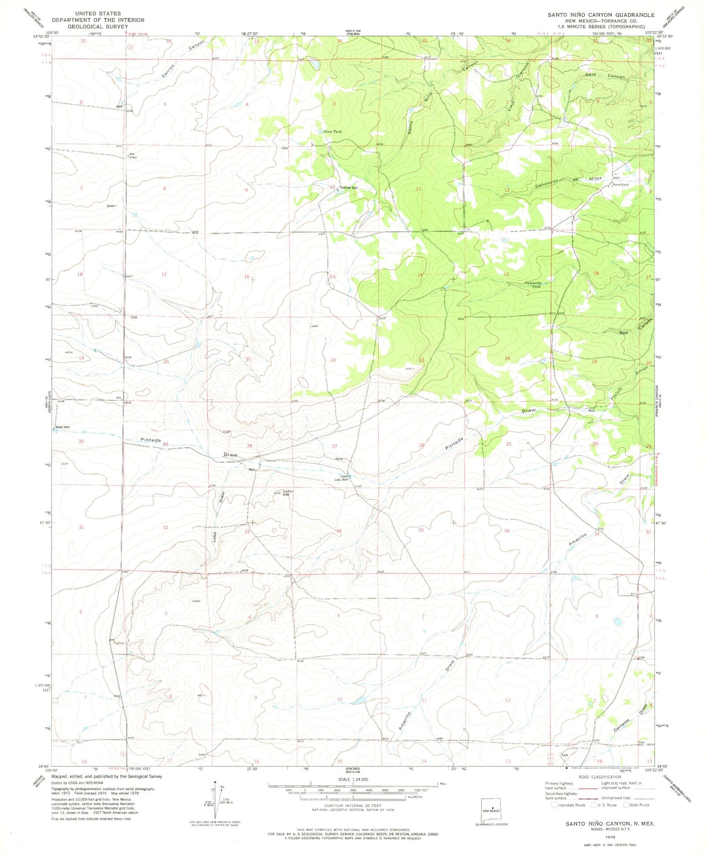 Classic USGS Santo Nino Canyon New Mexico 7.5'x7.5' Topo Map Image