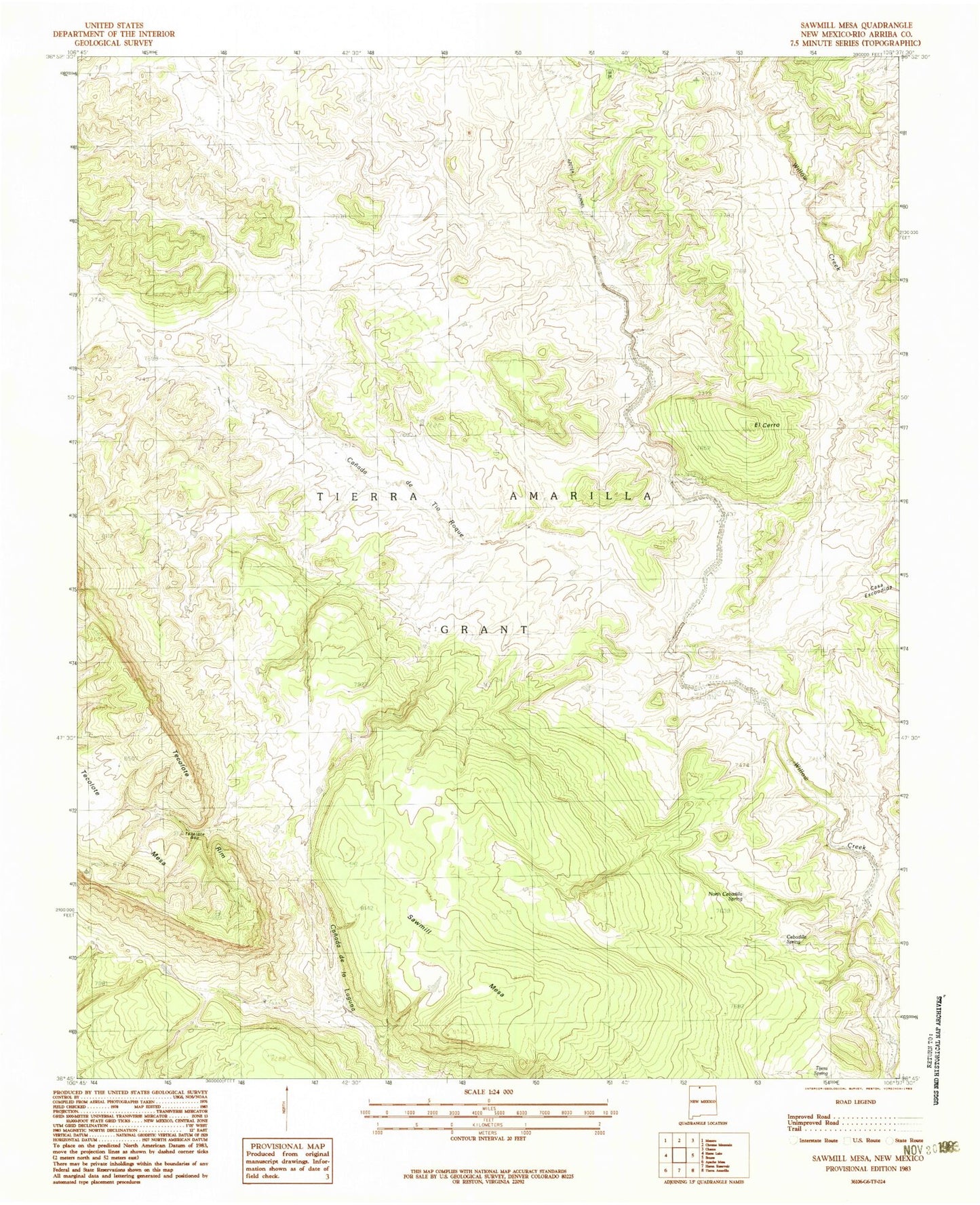 Classic USGS Sawmill Mesa New Mexico 7.5'x7.5' Topo Map Image
