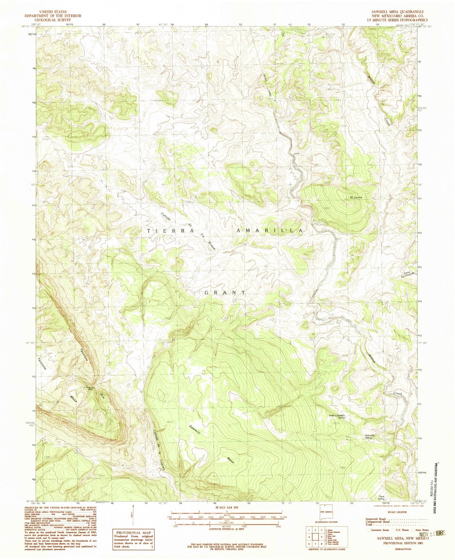 Classic USGS Sawmill Mesa New Mexico 7.5'x7.5' Topo Map Image