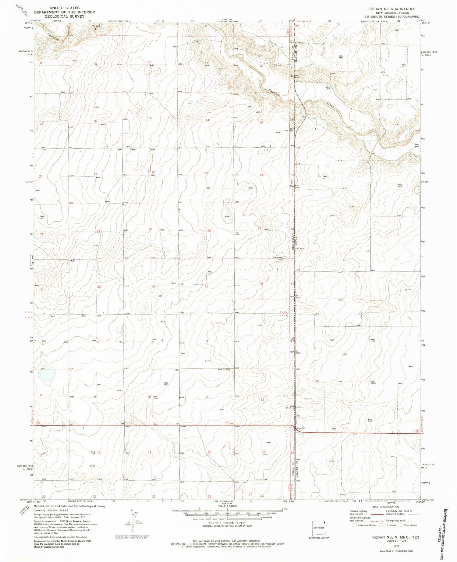 Classic USGS Sedan NE New Mexico 7.5'x7.5' Topo Map Image