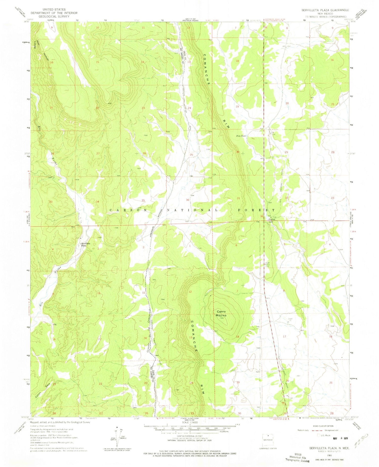 Classic USGS Servilleta Plaza New Mexico 7.5'x7.5' Topo Map Image