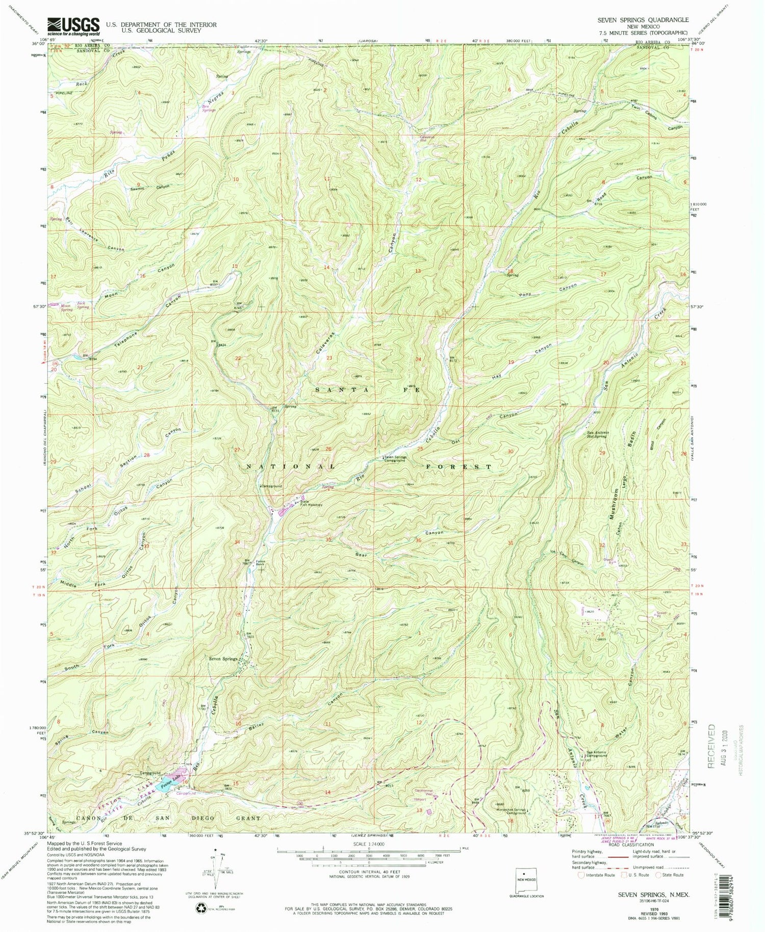 Classic USGS Seven Springs New Mexico 7.5'x7.5' Topo Map Image