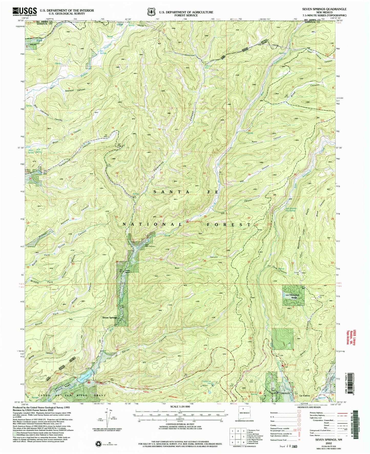 Classic USGS Seven Springs New Mexico 7.5'x7.5' Topo Map Image