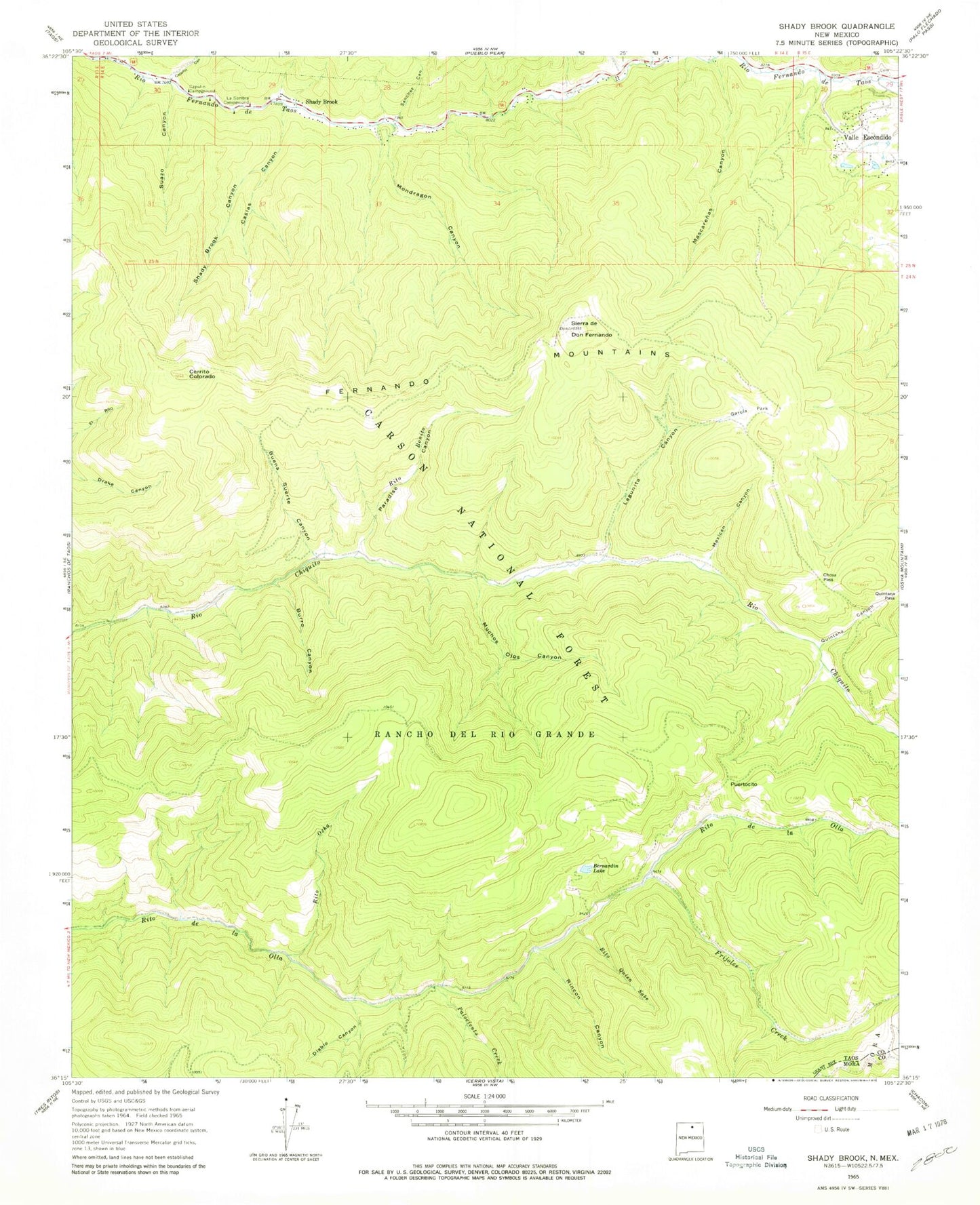 Classic USGS Shady Brook New Mexico 7.5'x7.5' Topo Map Image