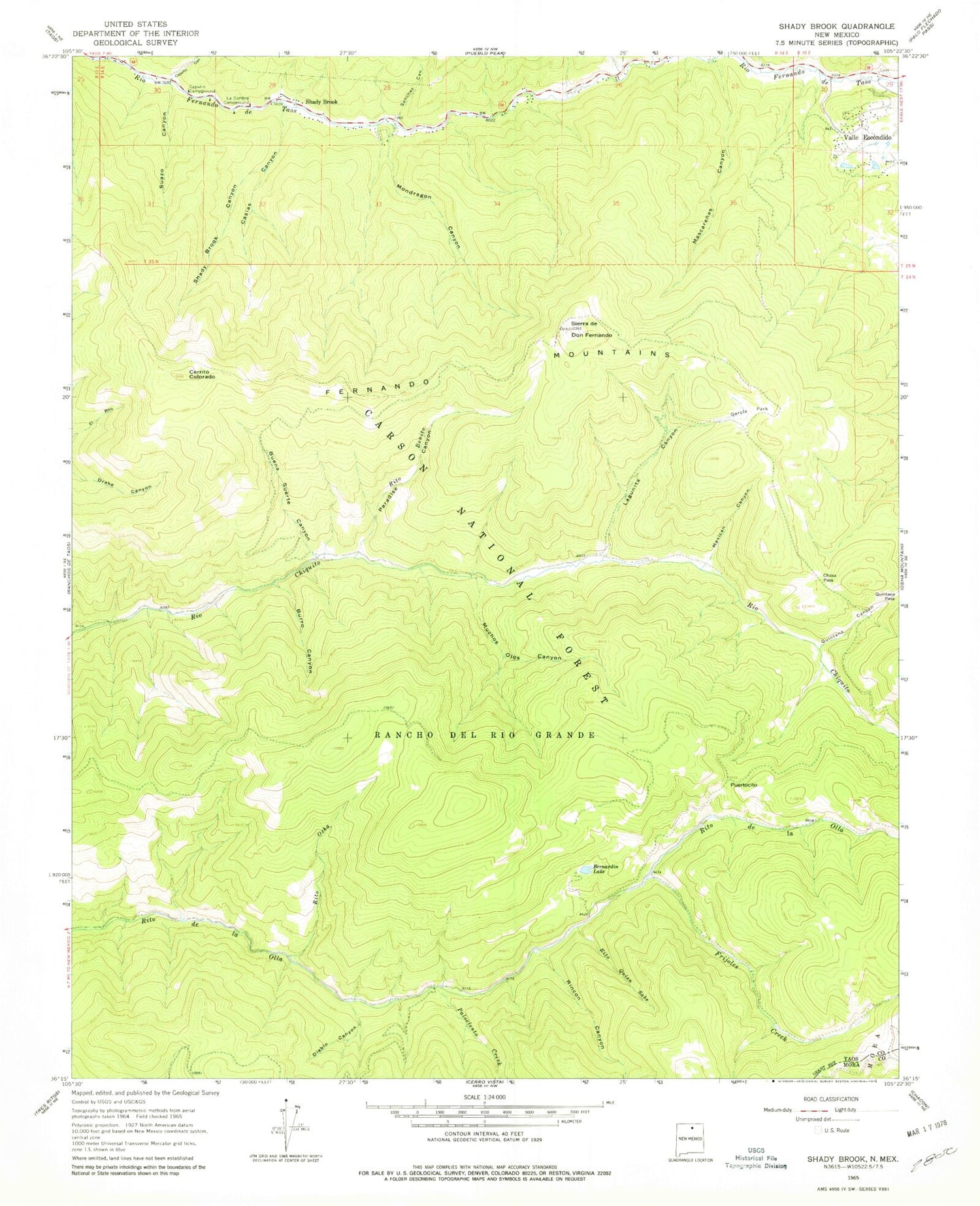 Classic USGS Shady Brook New Mexico 7.5'x7.5' Topo Map Image