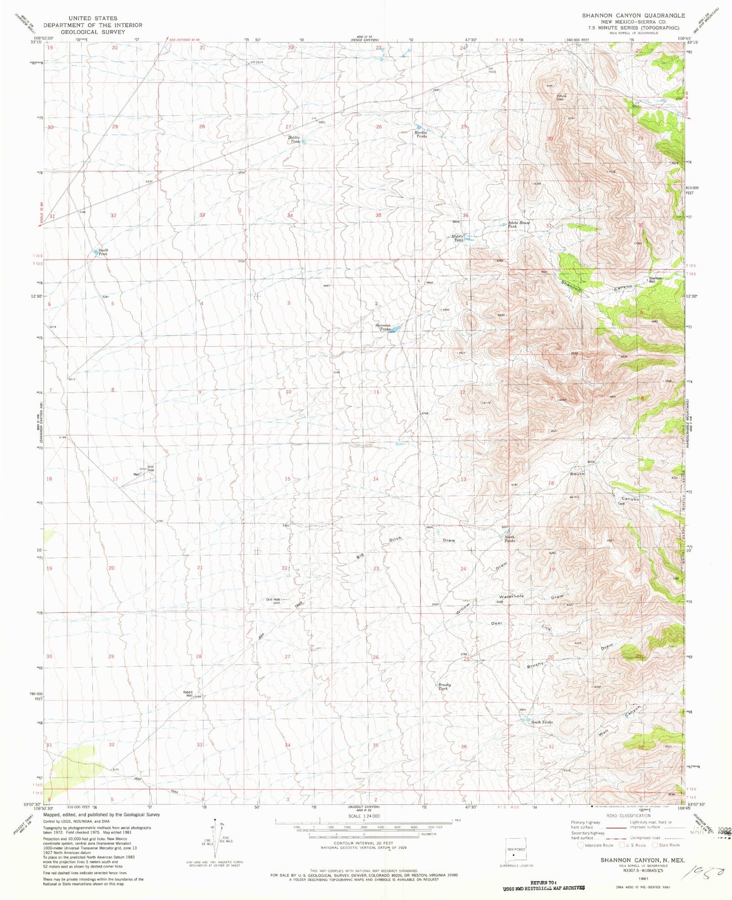 Classic USGS Shannon Canyon New Mexico 7.5'x7.5' Topo Map Image