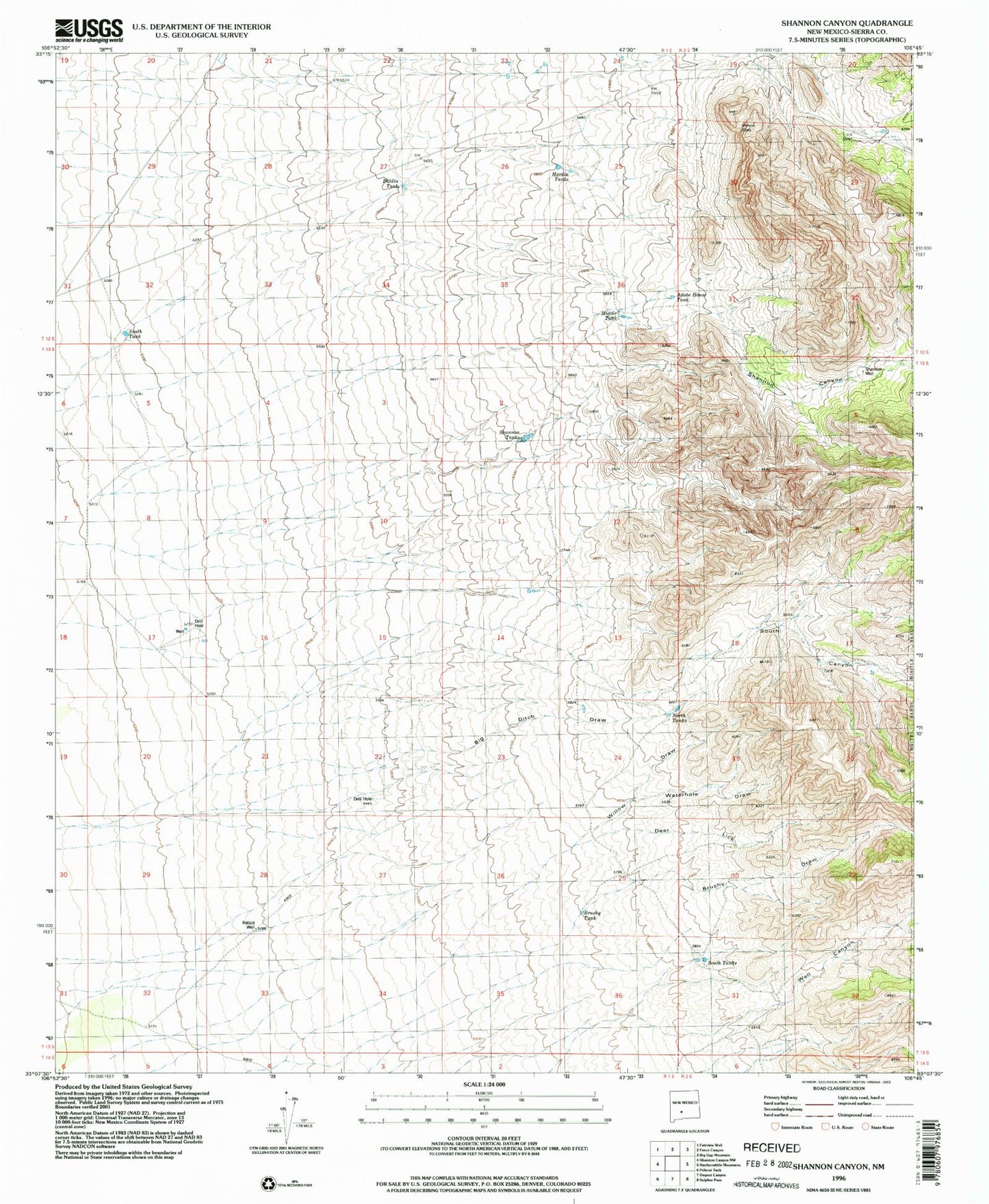 Classic USGS Shannon Canyon New Mexico 7.5'x7.5' Topo Map Image
