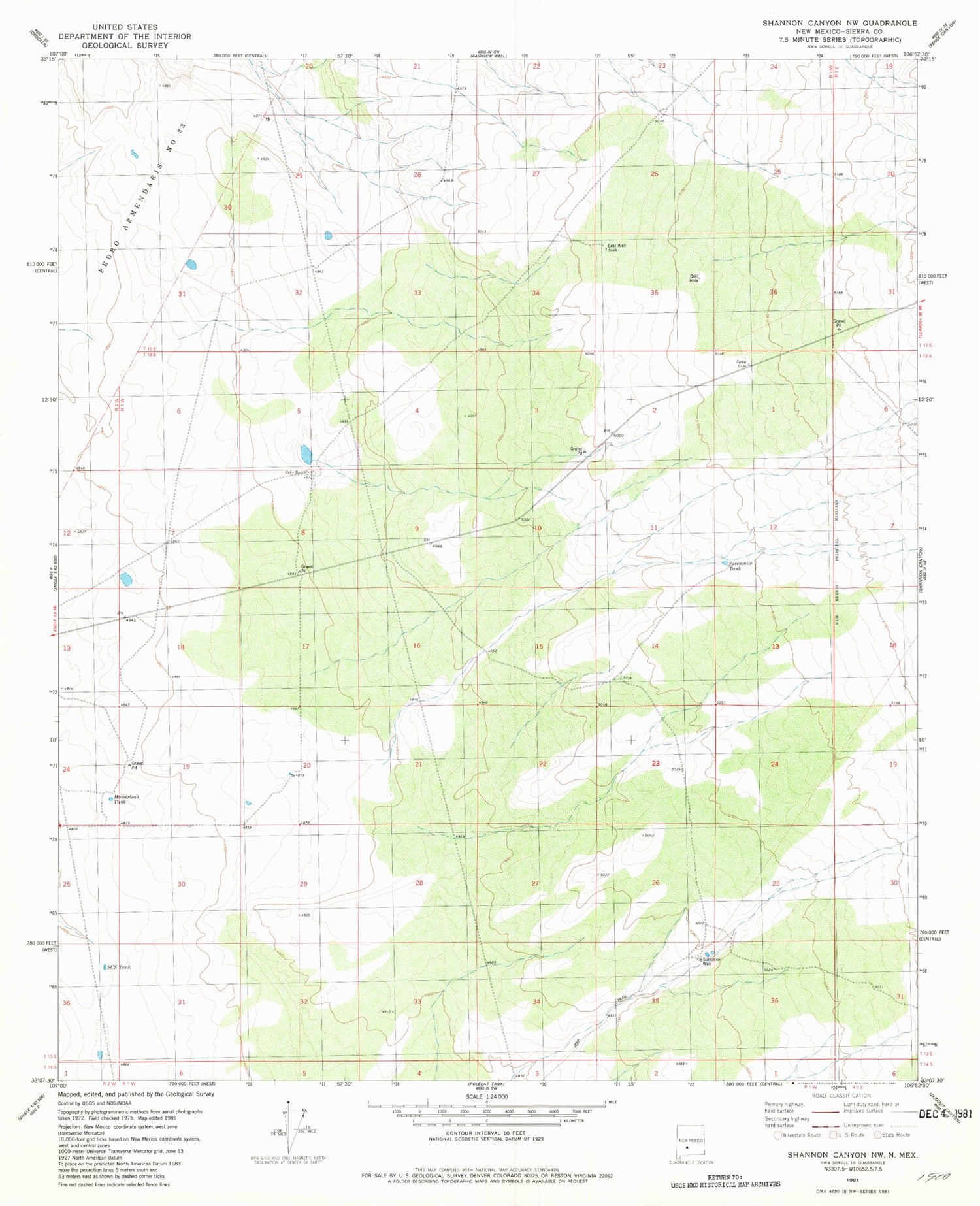 Classic USGS Shannon Canyon NW New Mexico 7.5'x7.5' Topo Map Image