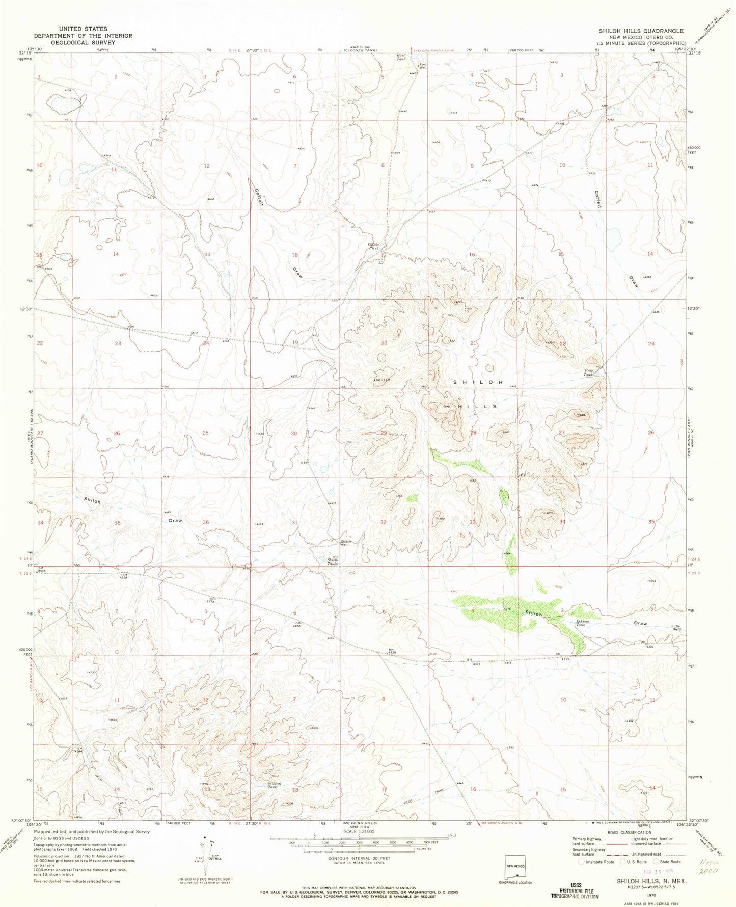 Classic USGS Shiloh Hills New Mexico 7.5'x7.5' Topo Map Image
