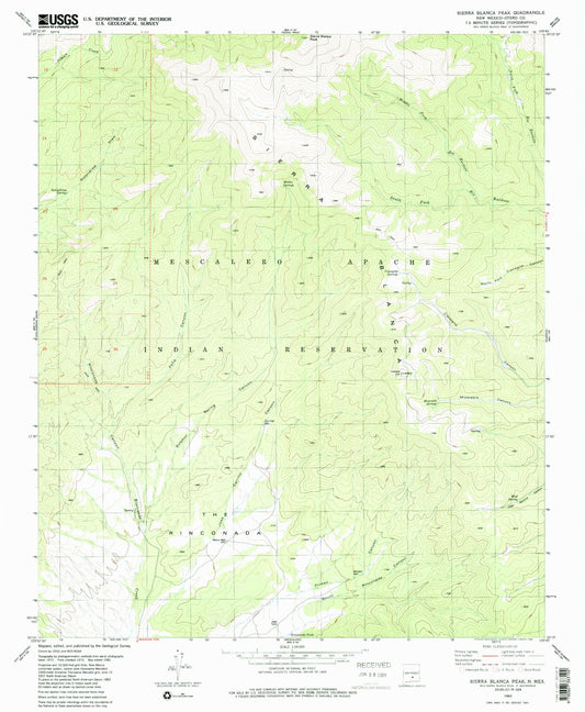 Classic USGS Sierra Blanca Peak New Mexico 7.5'x7.5' Topo Map Image